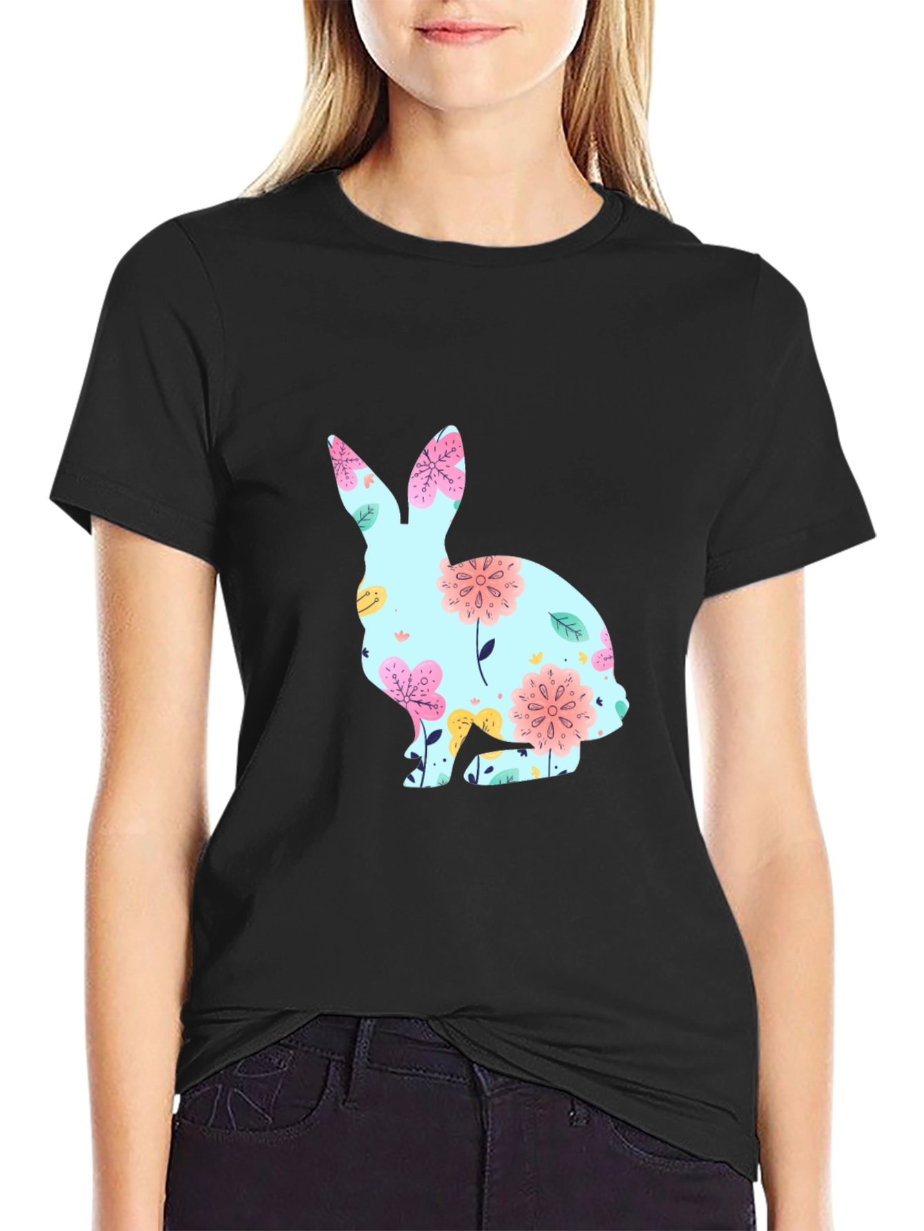 Camiseta Negra con Conejo Floral para Pascua