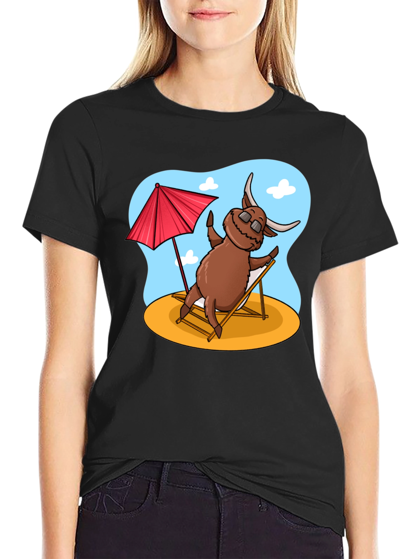 Black Beach Bull T-Shirt - Relaxed Cartoon Graphic Tee view 2
