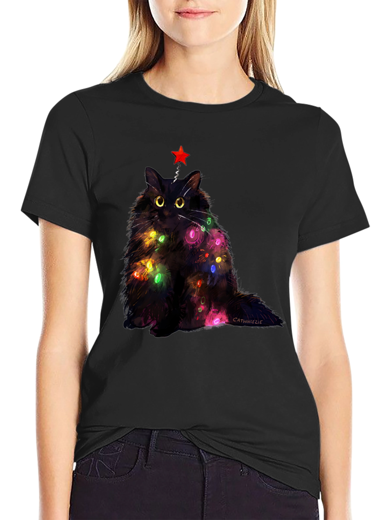 Black Festive Feline T-Shirt: Christmas Cat with Lights view 2