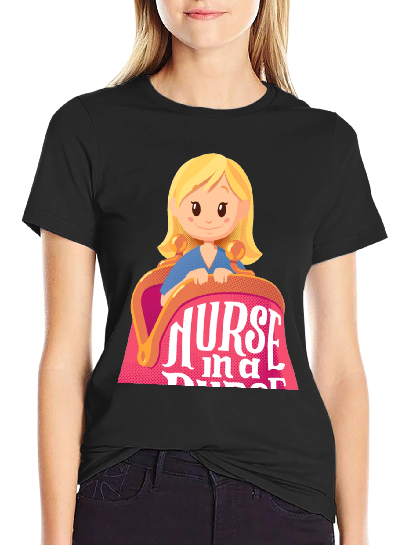 Black Nurse in a Purse Cartoon Graphic T-Shirt view 2