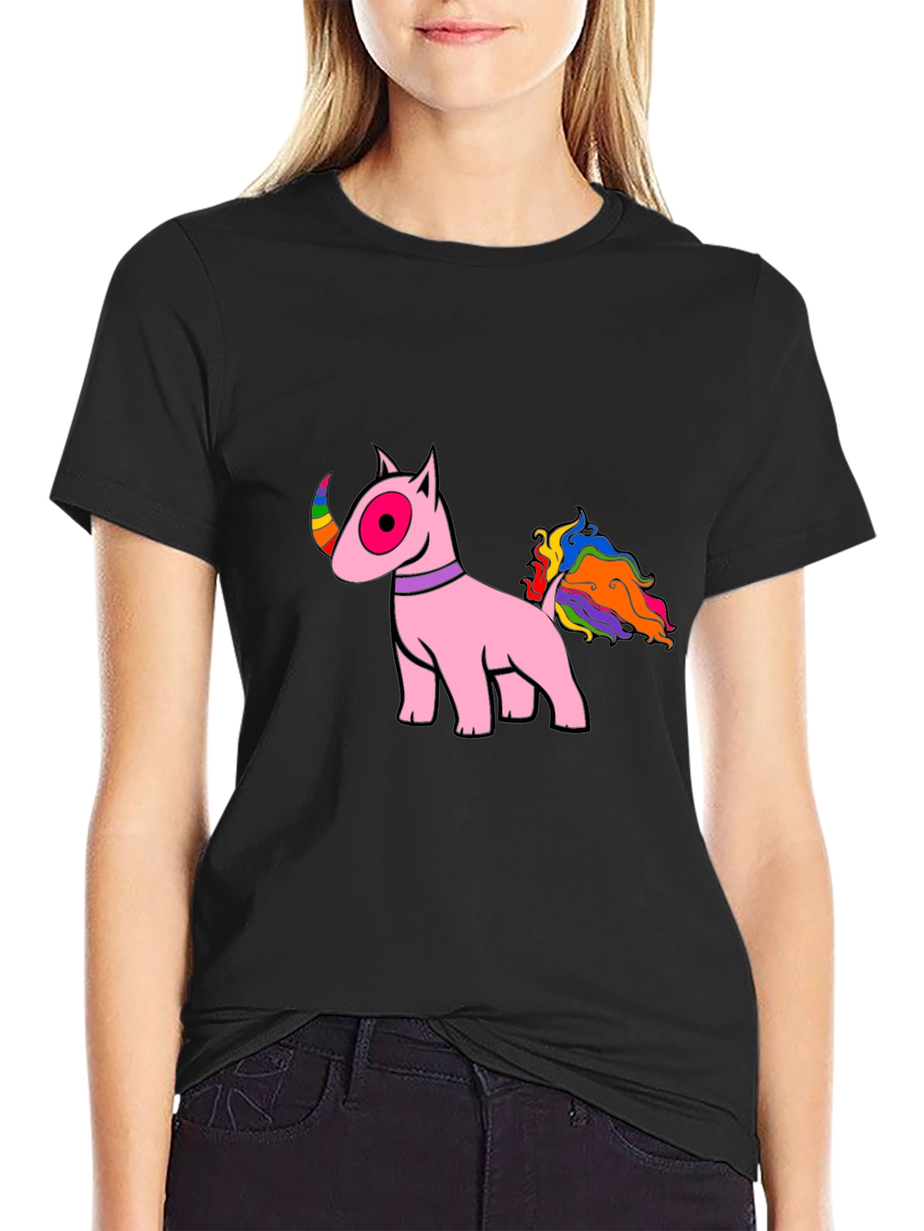 Black Pink Bull Terrier Rainbow Tail T-Shirt view 2