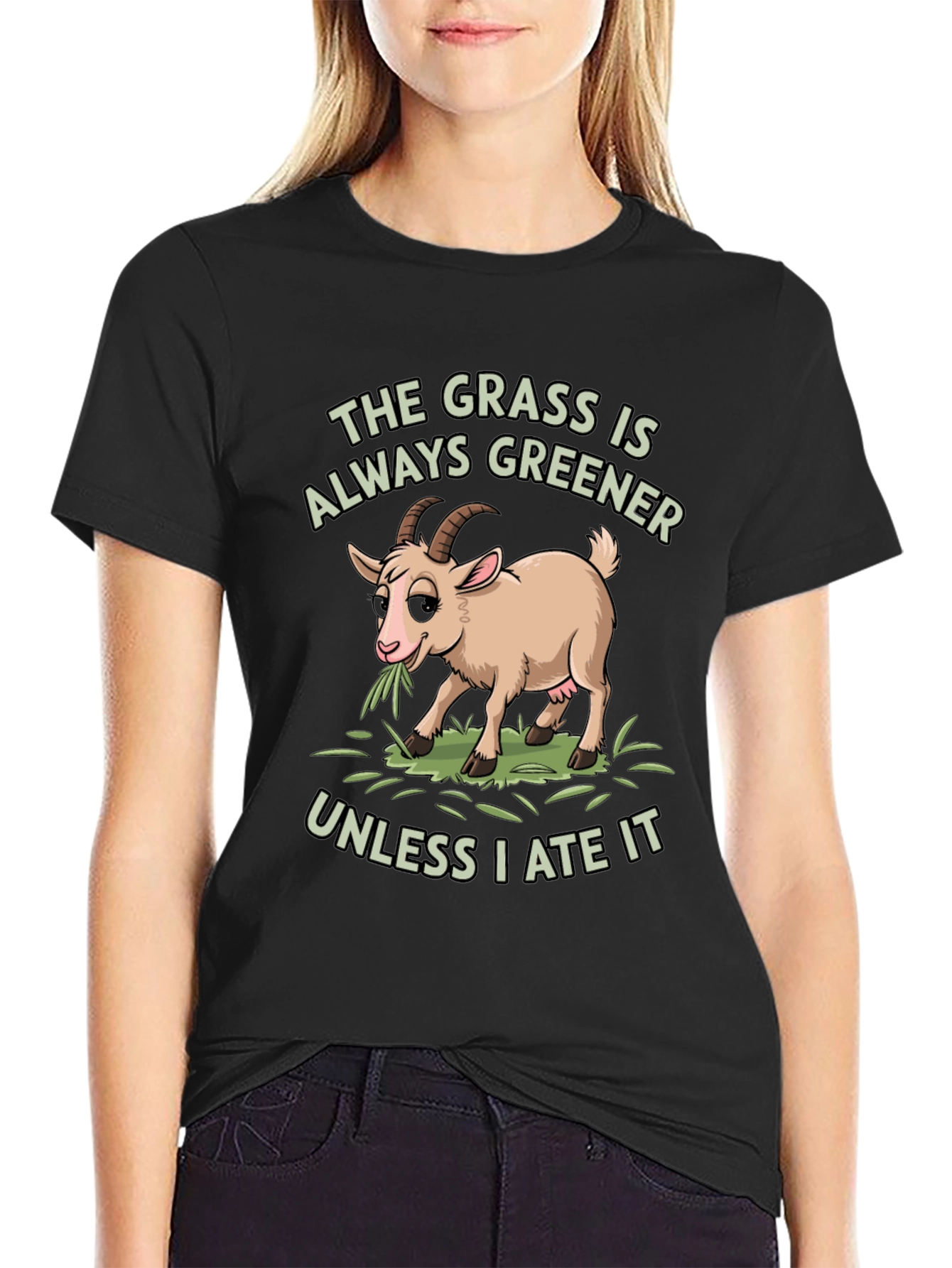 Black Funny Goat T-Shirt: The Grass Is Always Greener view 2