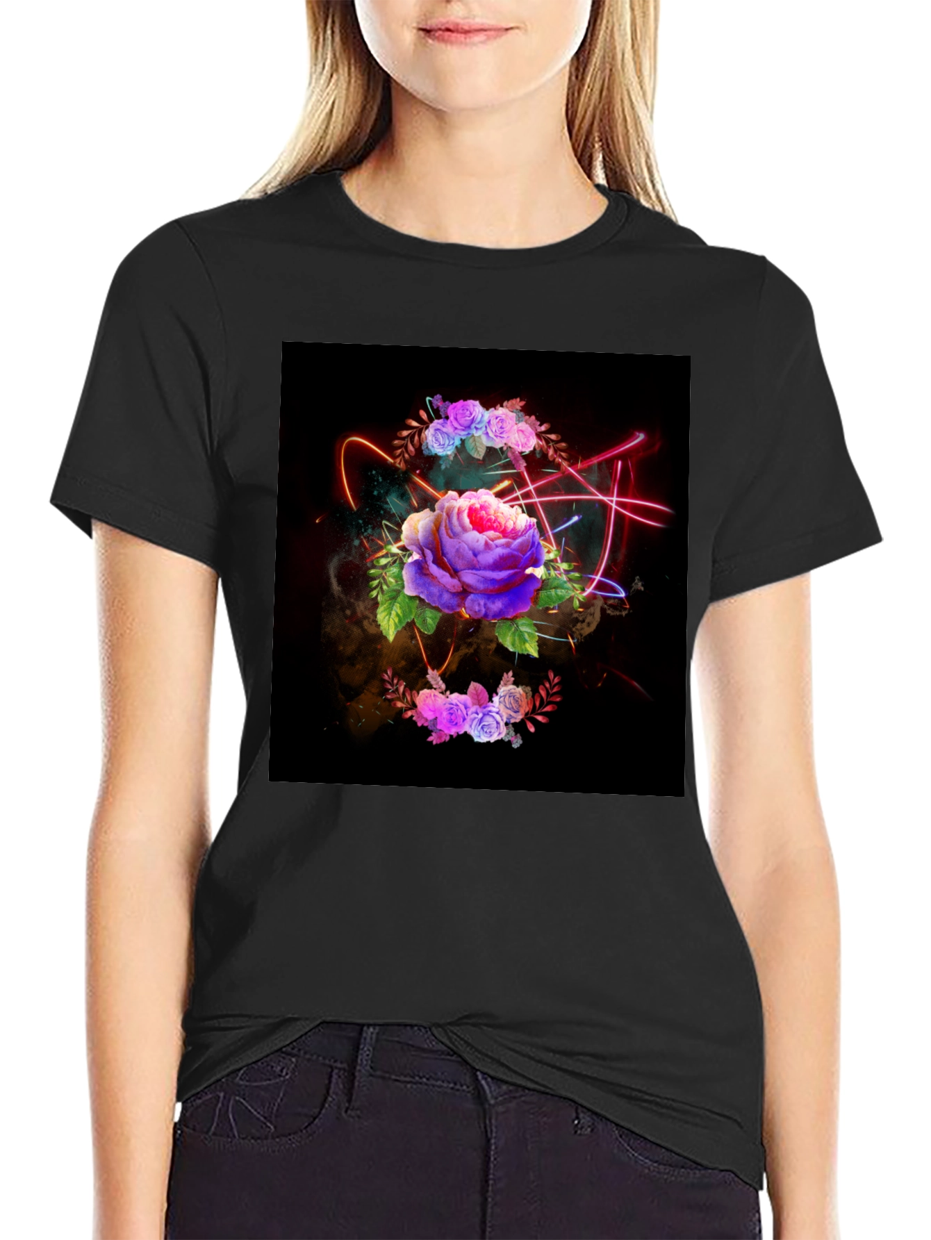 Black Floral Neon T-Shirt - Artistic Dark Design view 2