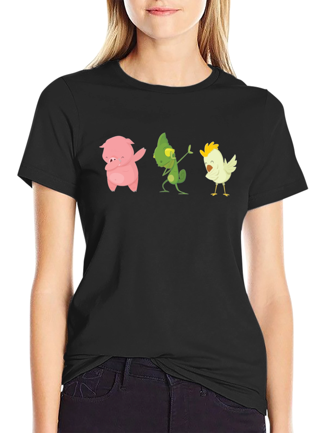 Black Dabbing Animal T-Shirt: Pig, Lizard, Chicken view 2