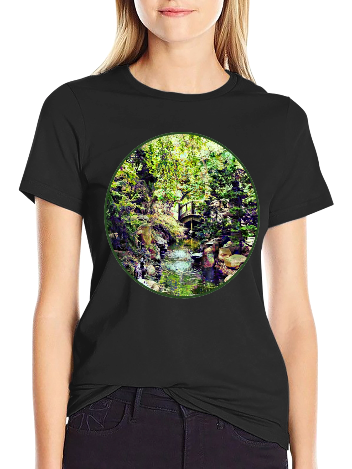 Black Nature Stream T-Shirt - Unique Design view 2