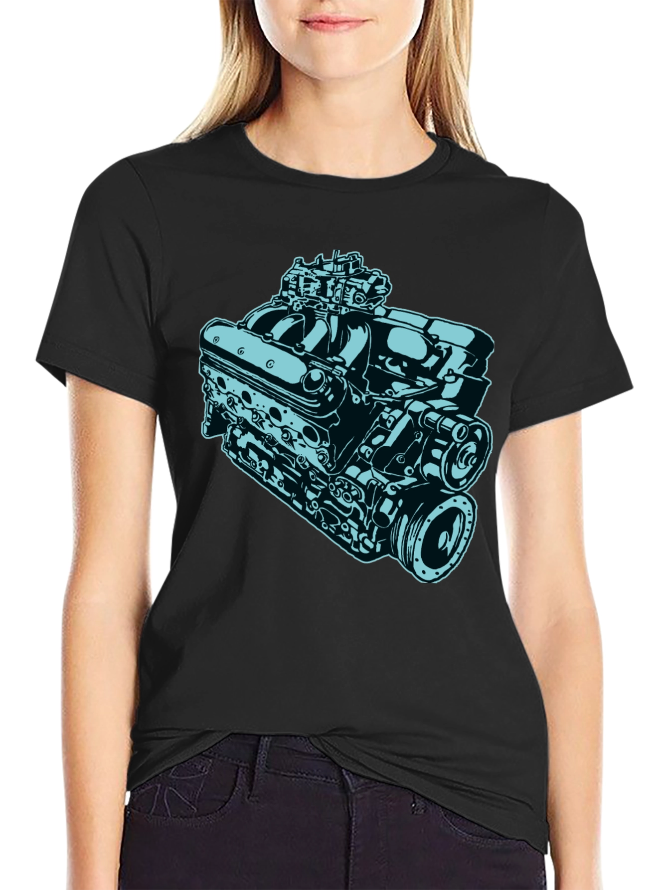 Black Car Engine Graphic Tee - Black Cotton Short Sleeve Shirt view 2