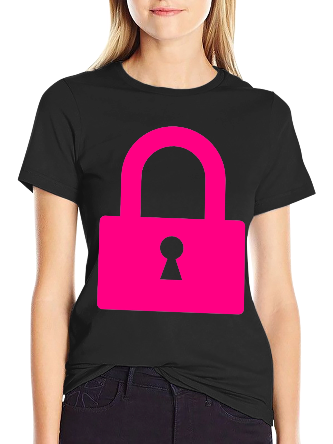 Black Cool Pink Lock Graphic T-Shirt view 2