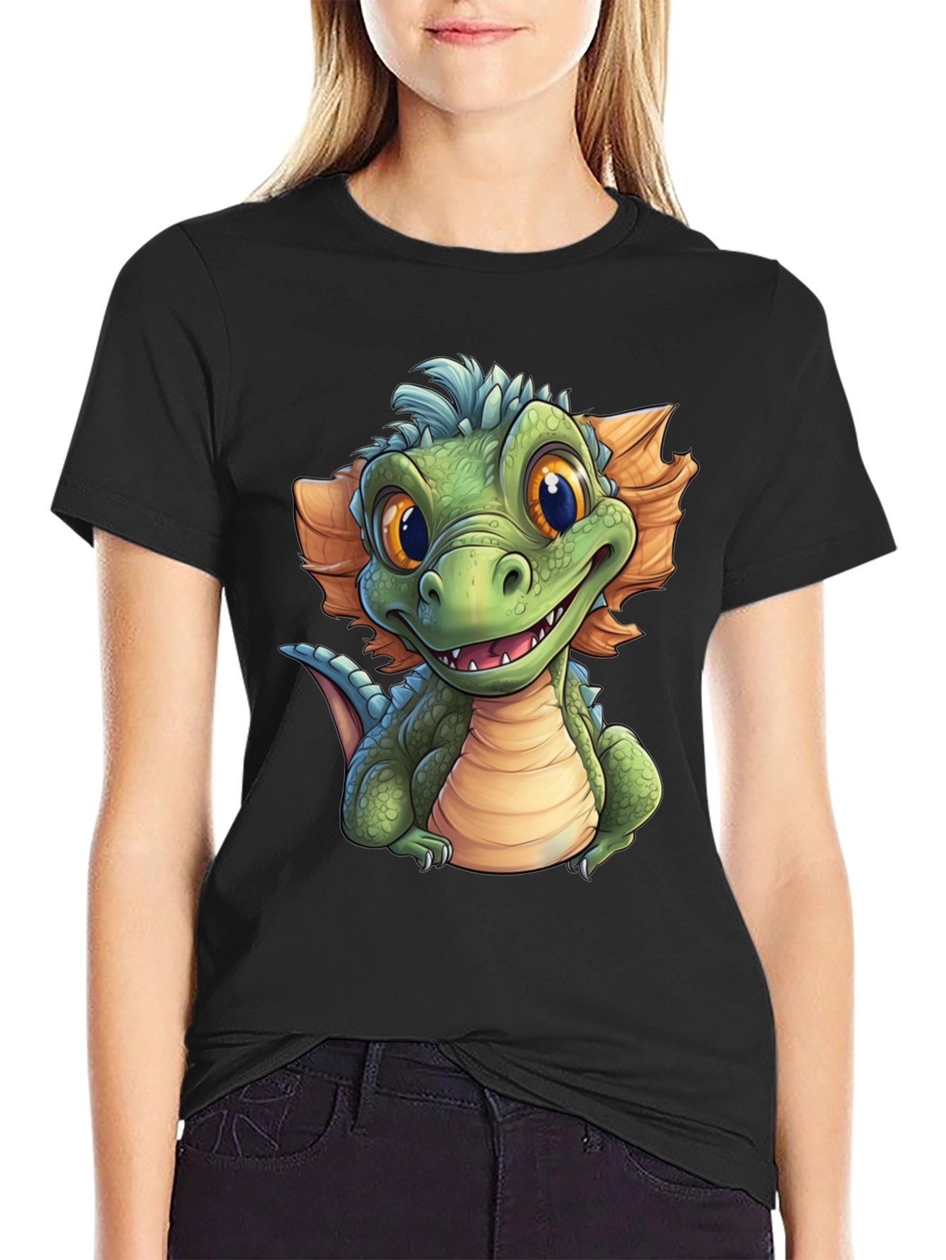 Black Cartoon Dragon Graphic T-Shirt - Fun & Unique Design view 2