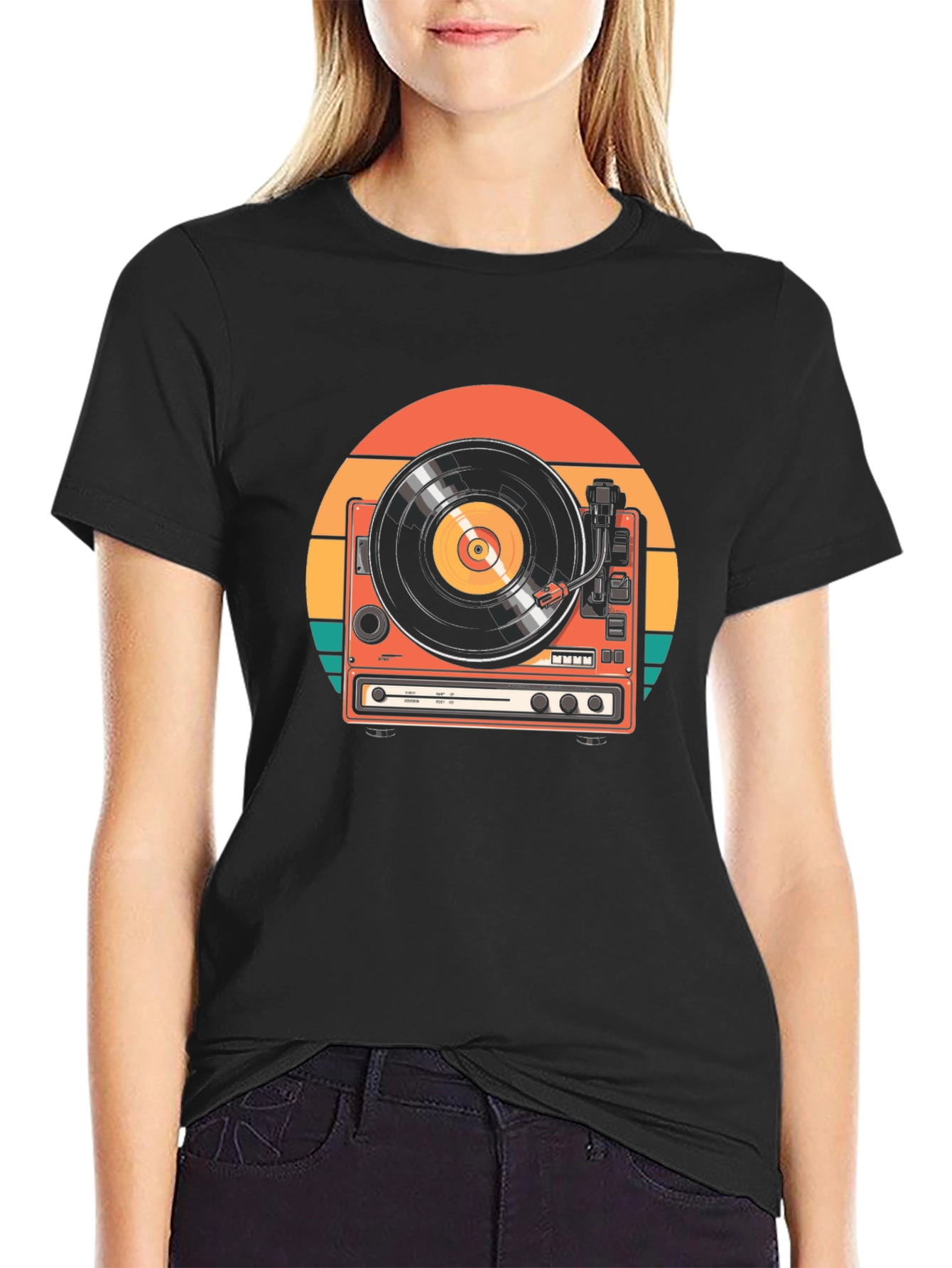 Black Retro Turntable Graphic Tee - Vintage Music Lover Shirt view 2