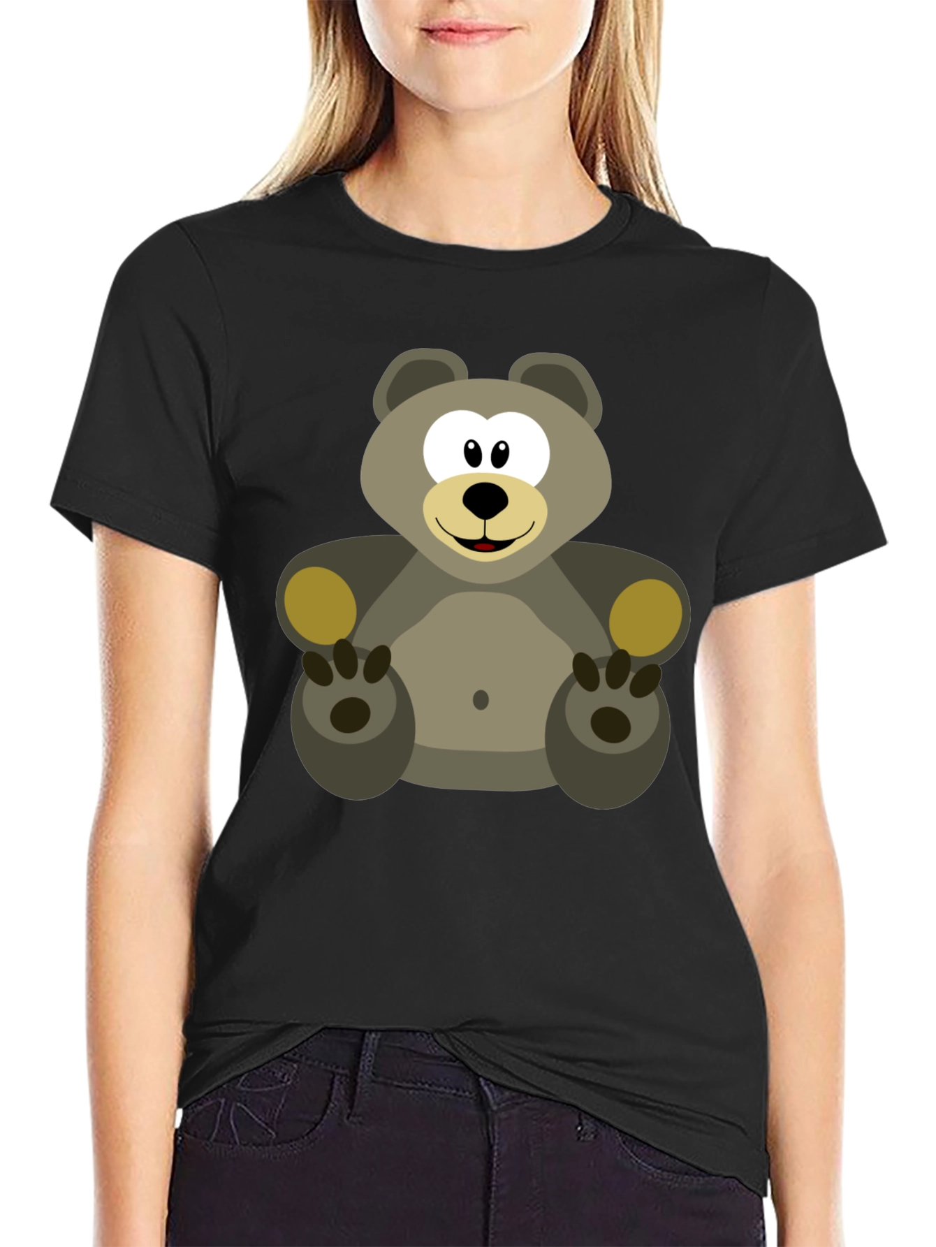 Black Cartoon Bear Graphic Tee - Black Cotton Blend view 2
