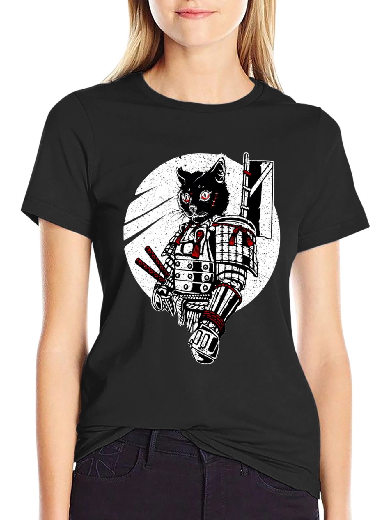Black Samurai Cat Graphic Tee - Black Cotton T-Shirt view 2
