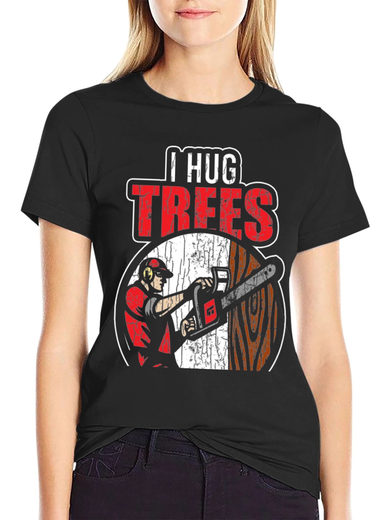 Black I Hug Trees Graphic T-Shirt - Arborist, Lumberjack view 2