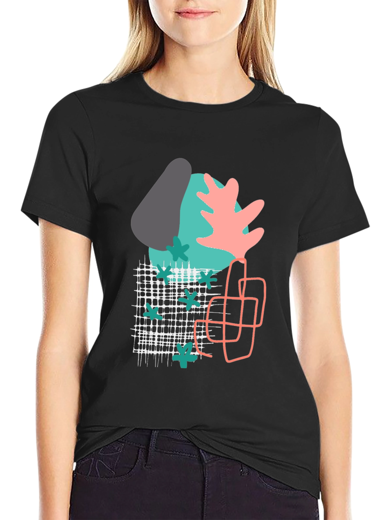 Black Abstract Geometric Print Black T-Shirt view 2