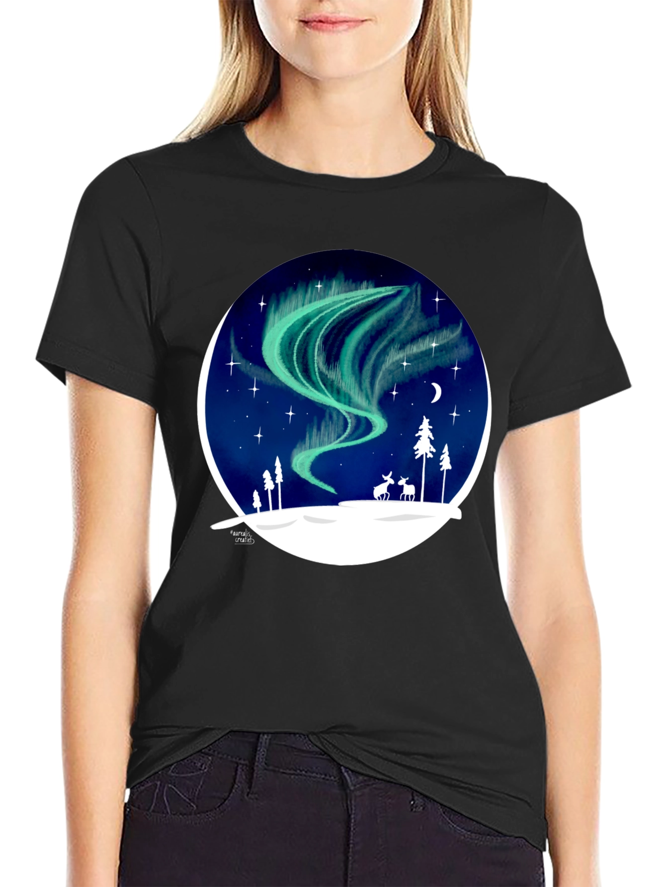 Black Northern Lights T-Shirt: Unique Winter Scene Design view 2