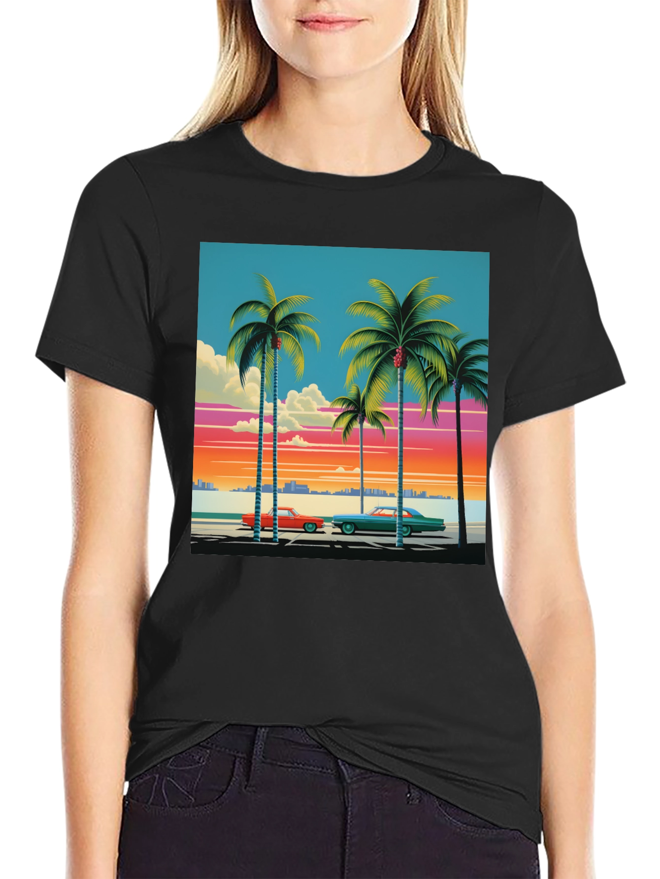 Black Retro Miami Beach Palm Tree T-Shirt view 2