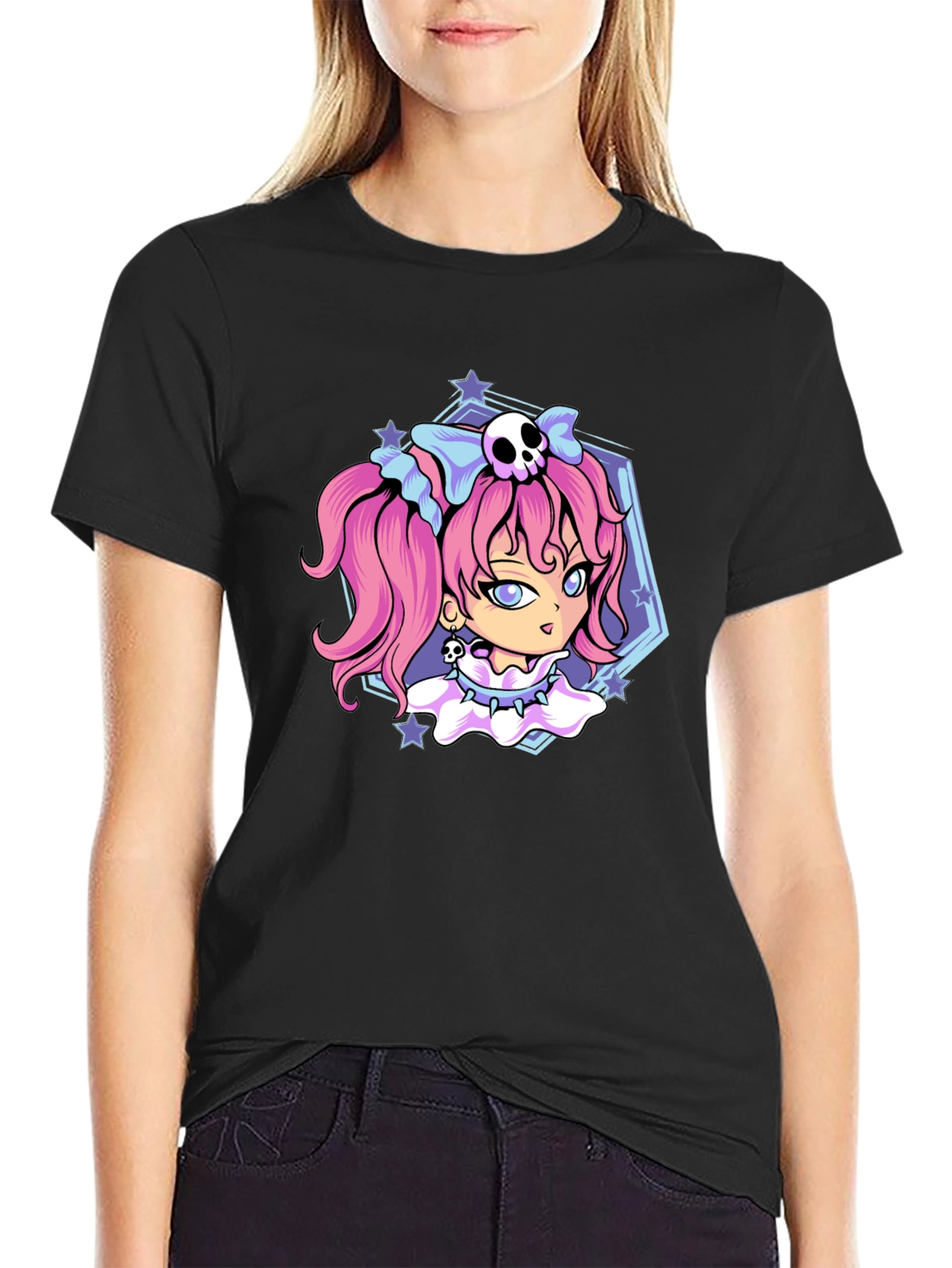 Black Gothic Anime Girl Black T-Shirt view 2