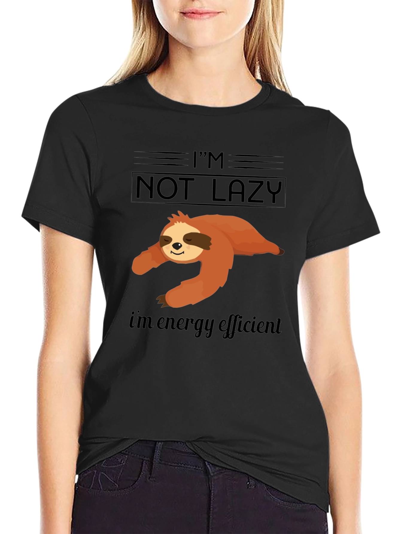 Black I'm Not Lazy Energy Efficient Sloth Graphic T-Shirt view 2