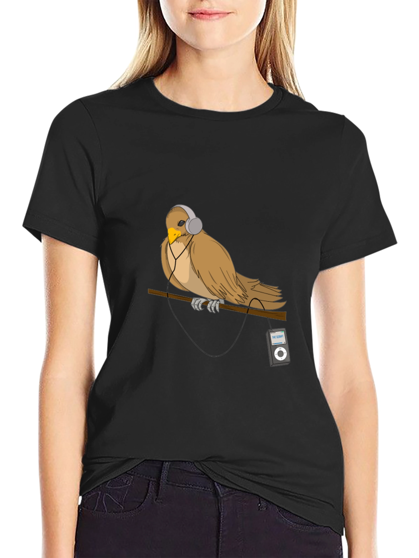 Black Bird with Headphones Graphic T-Shirt view 2