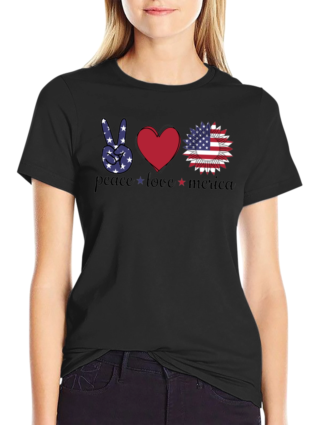 Black Patriotic Peace Love America T-Shirt view 2