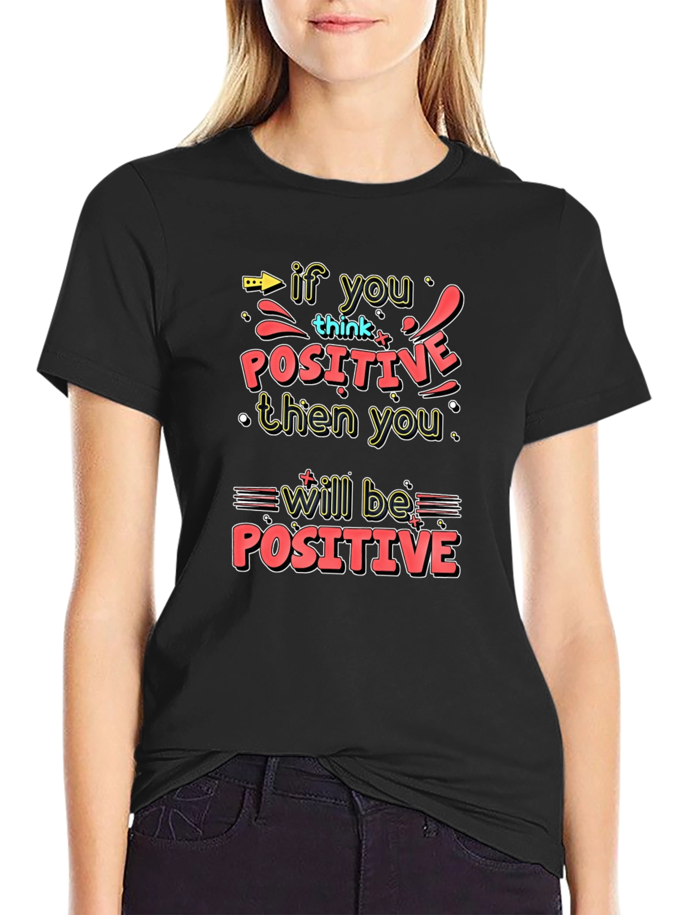 Black Motivational Graphic Tee - Think Positive! view 2