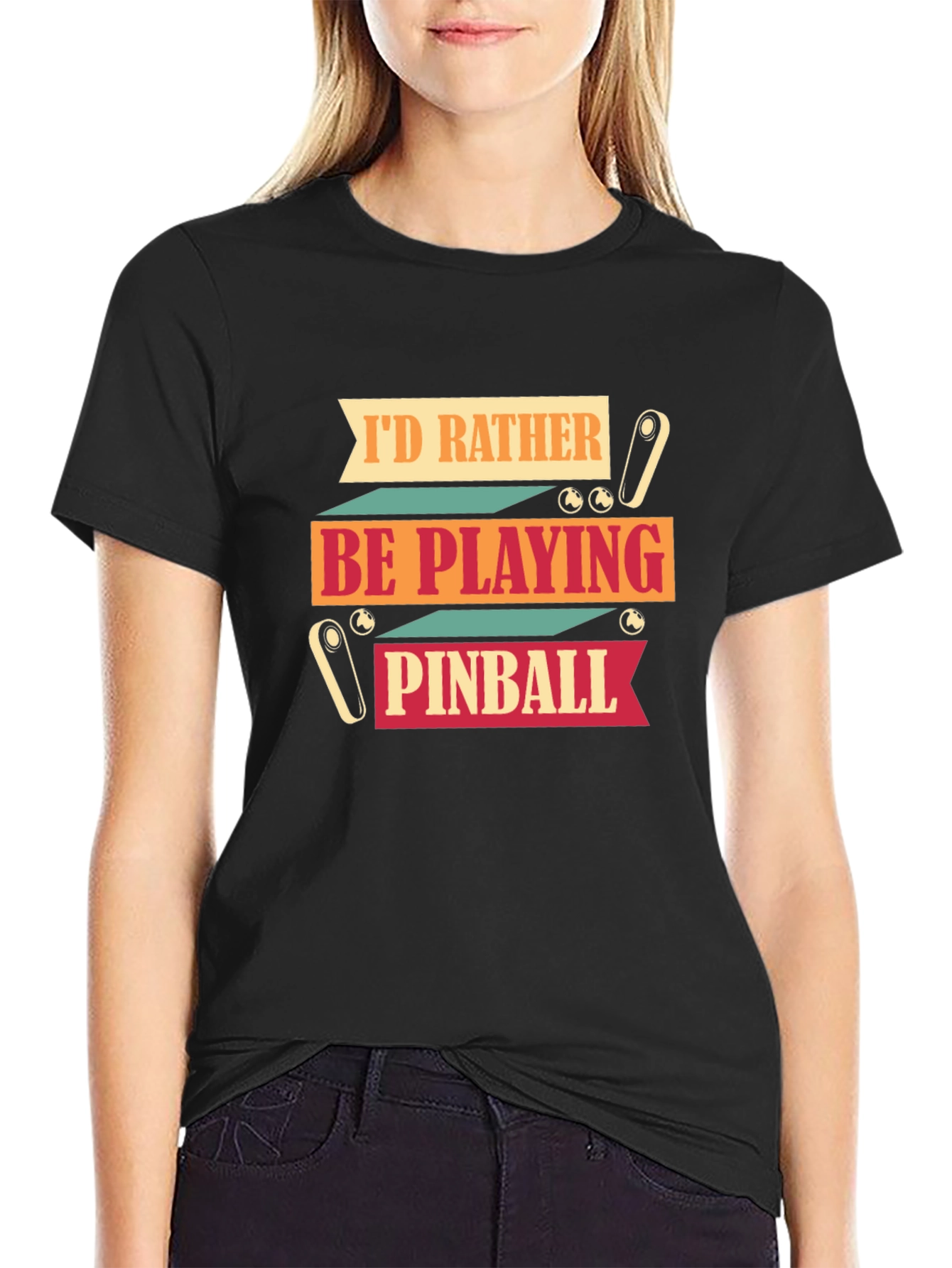 Black I'd Rather Be Playing Pinball Graphic T-Shirt view 2