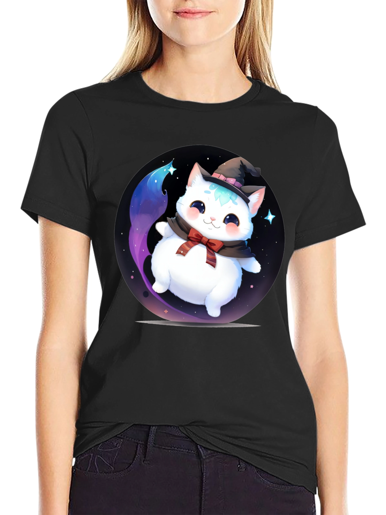 Black Cute Cat Wizard Graphic Tee - Soft Cotton Blend T-Shirt view 2