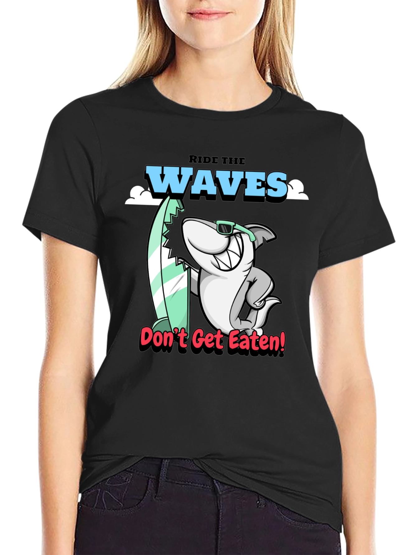 Black Ride the Waves Shark Graphic T-Shirt view 2