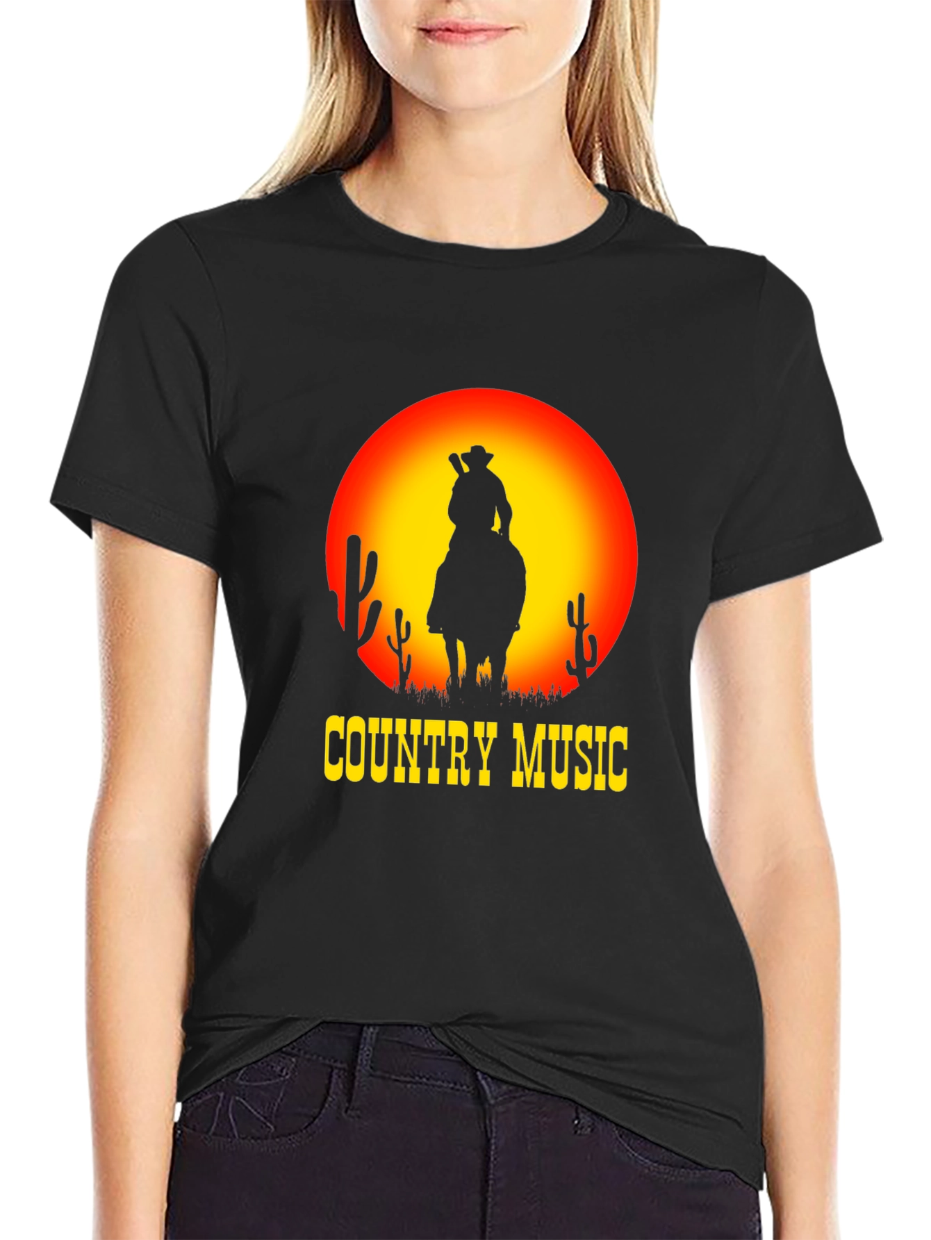 Black Country Music Sunset Cowboy Black T-Shirt view 2
