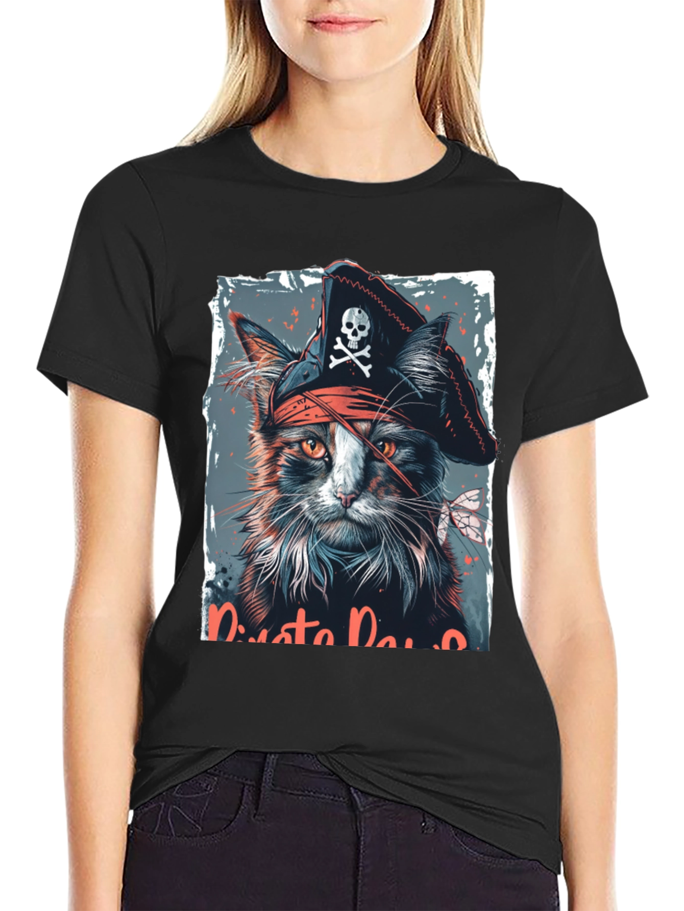 Black Pirate Cat Graphic T-Shirt - Black view 2