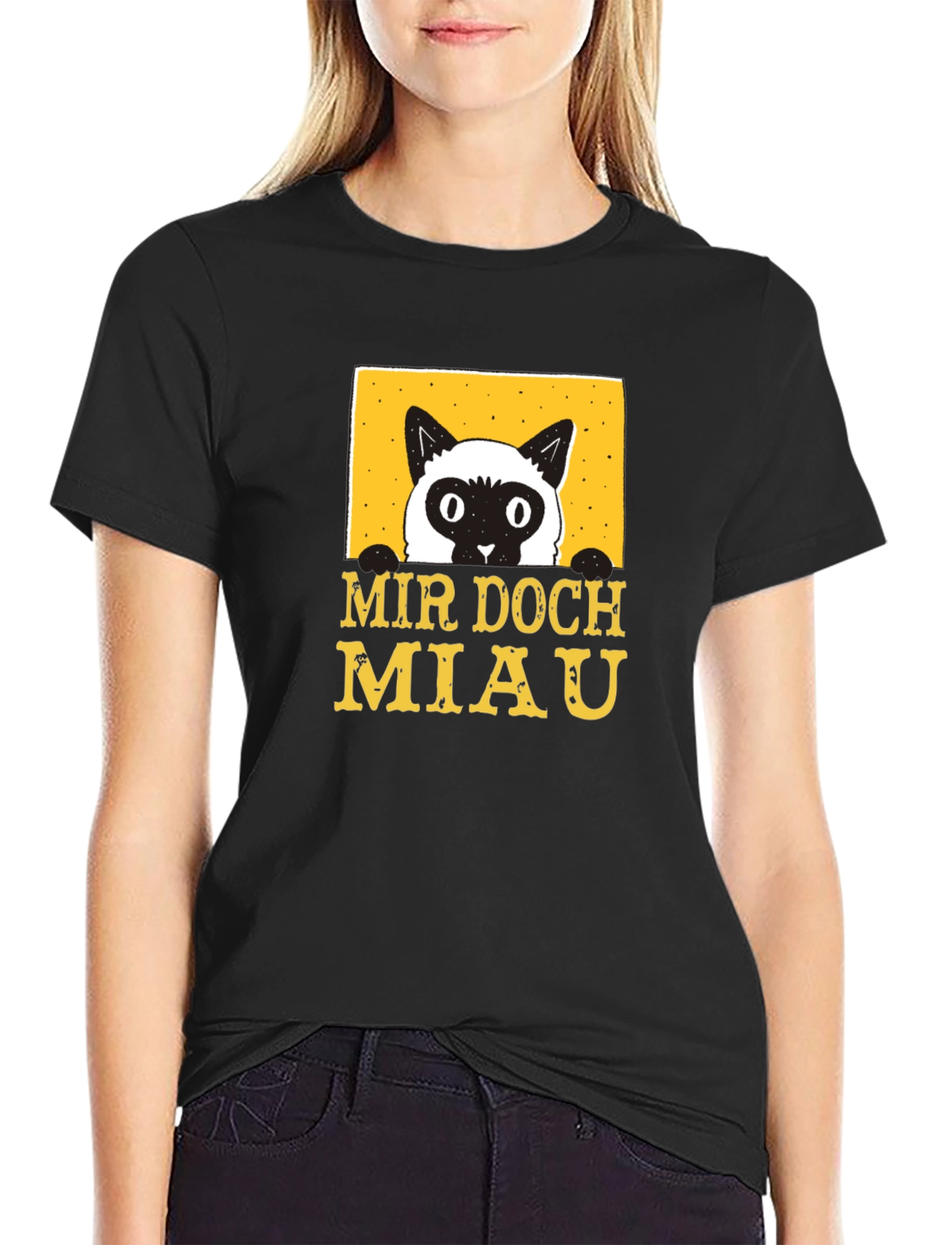 Black Mir Doch Miau Cat T-Shirt - Black Cotton Blend Tee view 2
