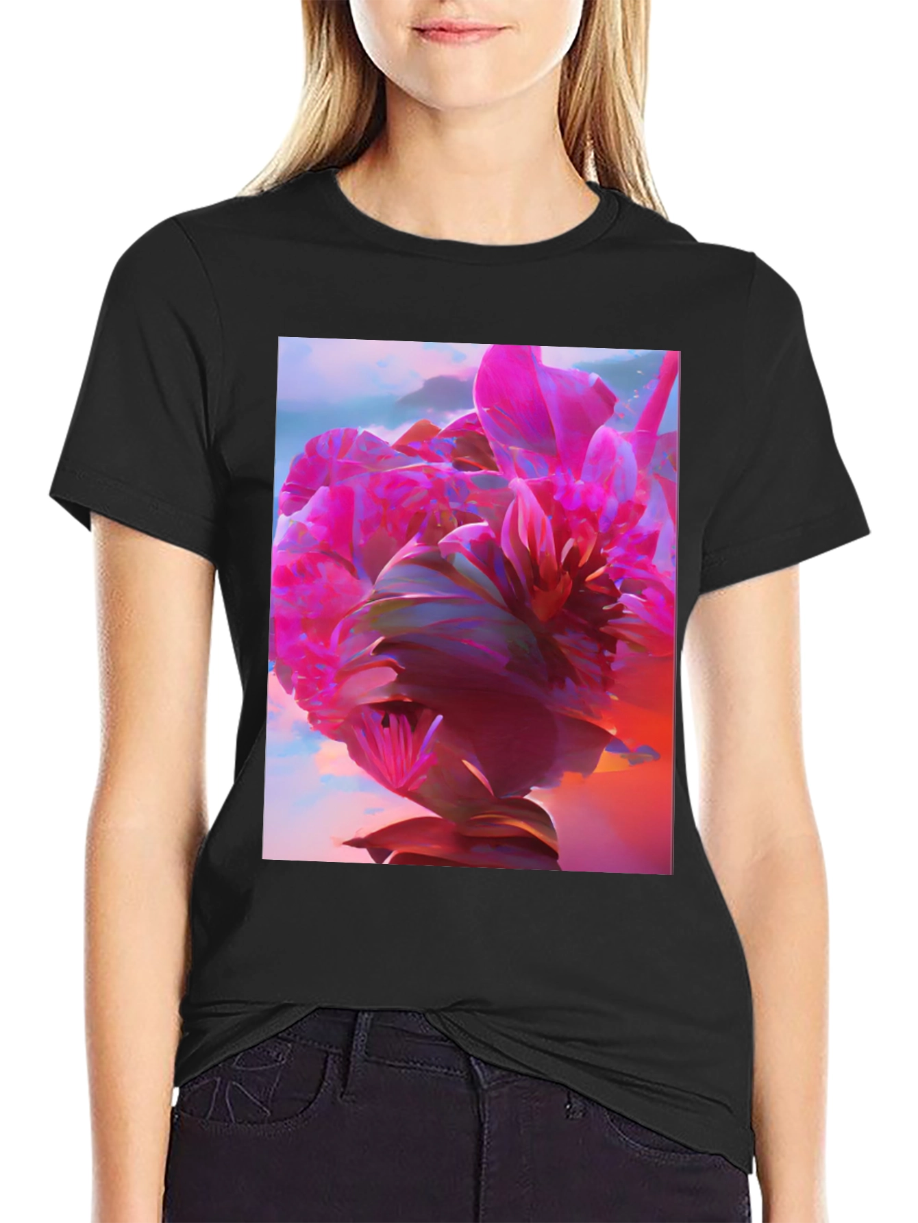 Black Floral Graphic Tee - Abstract Pink Flower Design view 2