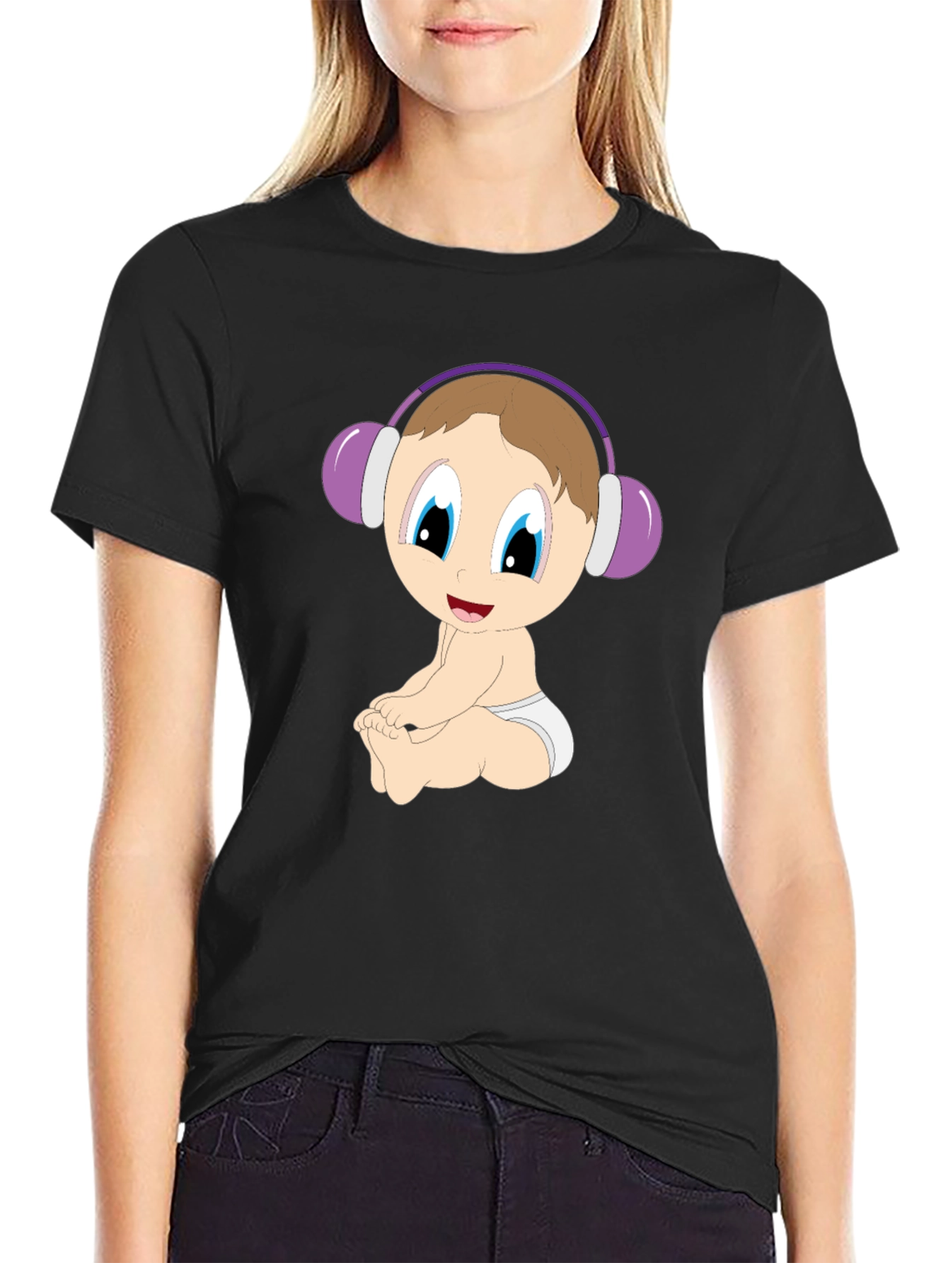 Black Baby DJ Cartoon Black T-Shirt view 2