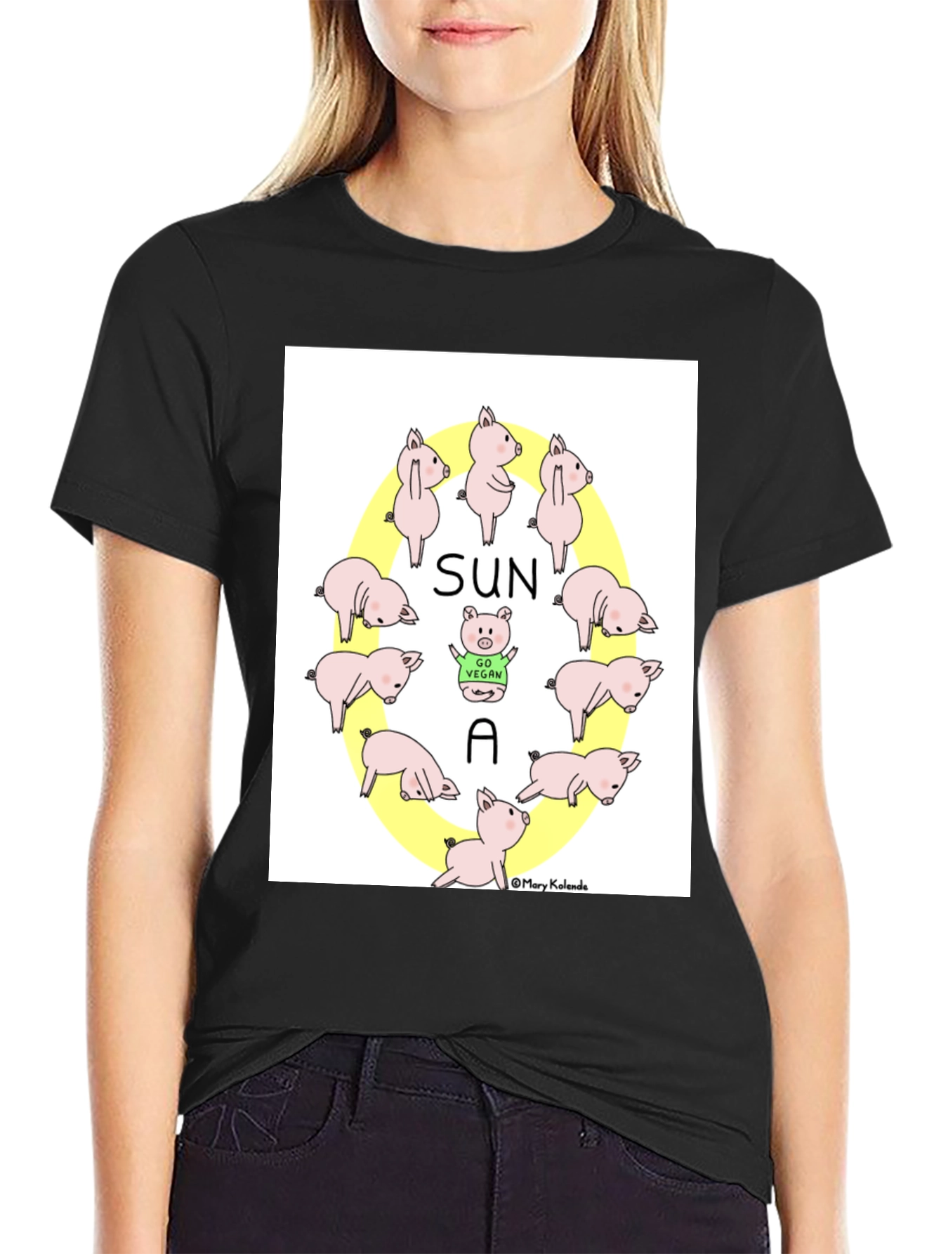 Black Cute Vegan Pig T-Shirt - Sun A Vegan Pun Tee view 2