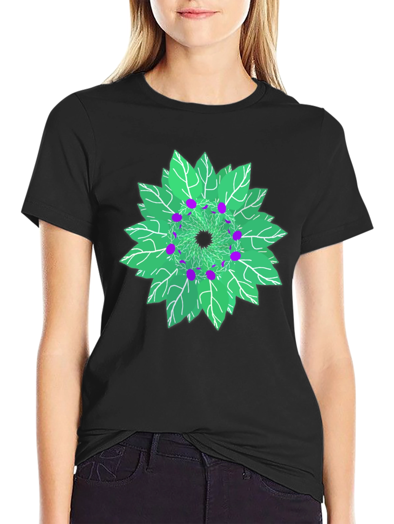 Black Nature Mandala Graphic T-Shirt - Unique Leaf Design view 2