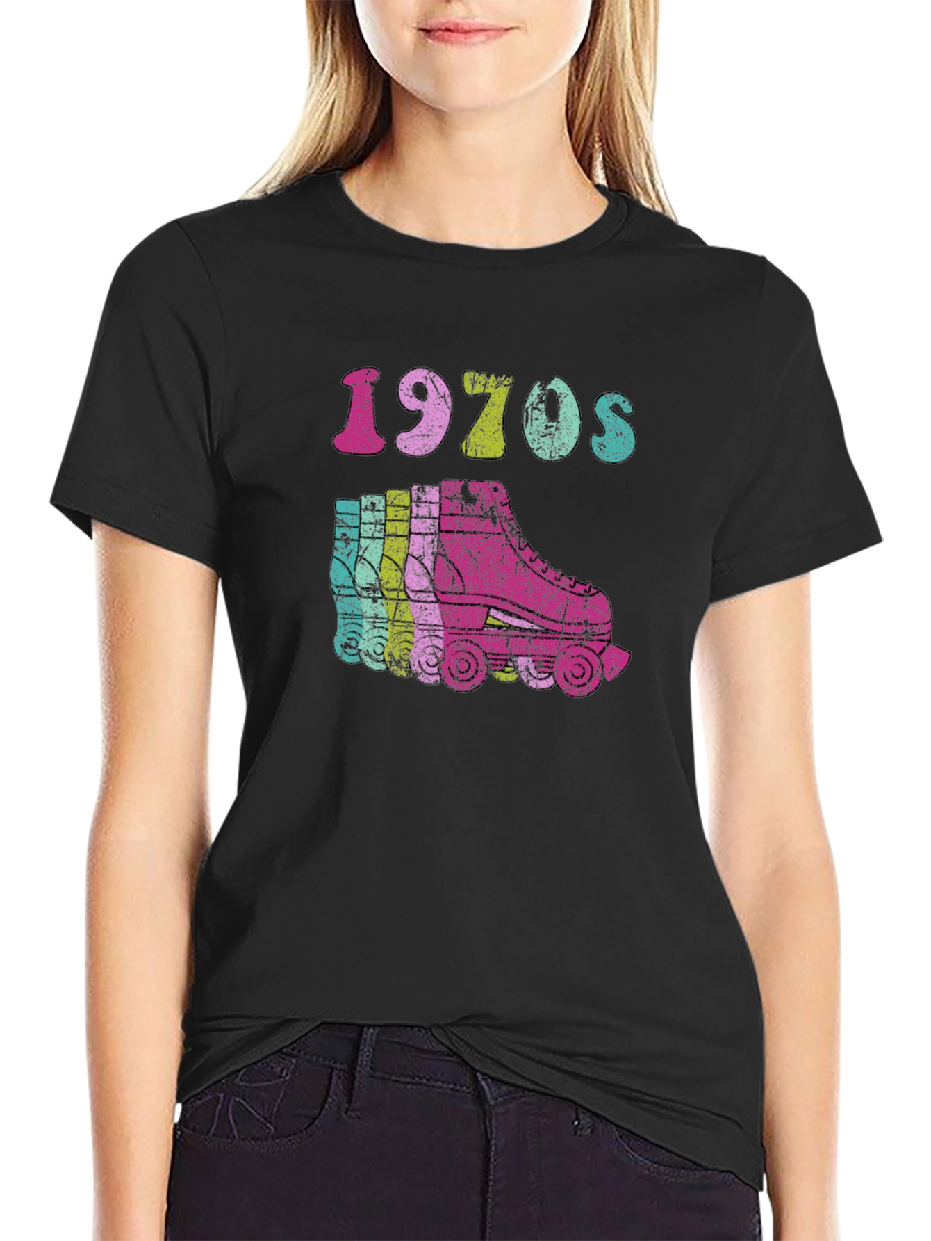 Black Retro 1970s Roller Skate Graphic Tee view 2