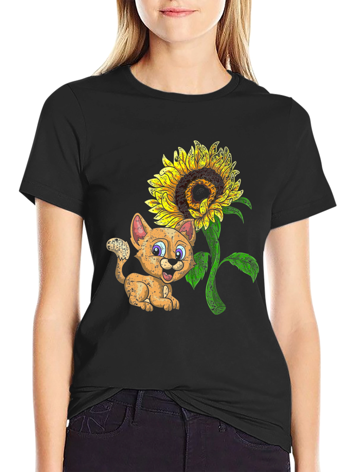 Black Cute Cartoon Cat & Sunflower Black T-Shirt view 2