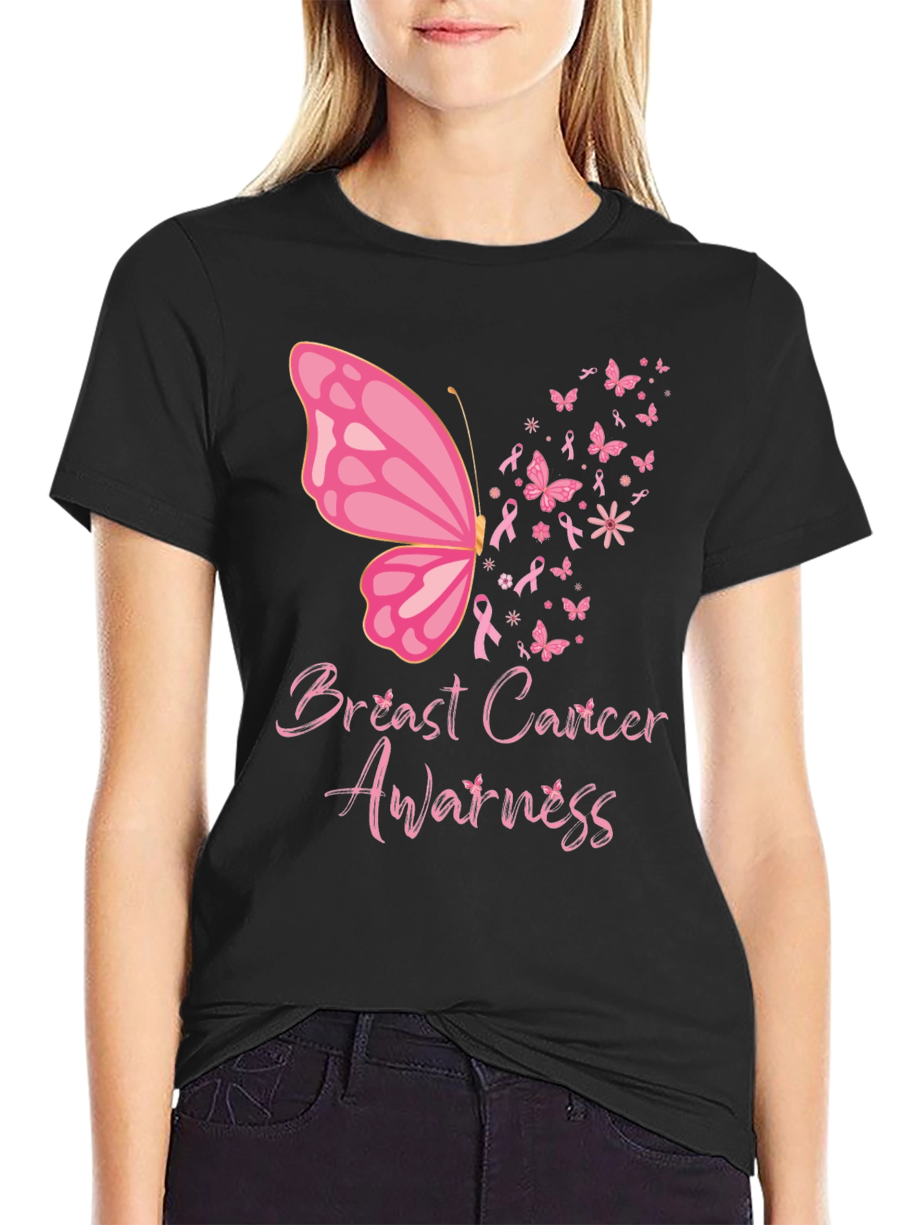 Black Breast Cancer Awareness Butterfly Tee view 2