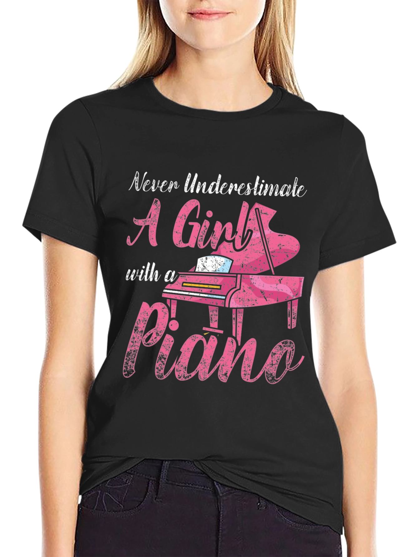 Black Never Underestimate A Girl with a Piano T-Shirt view 2