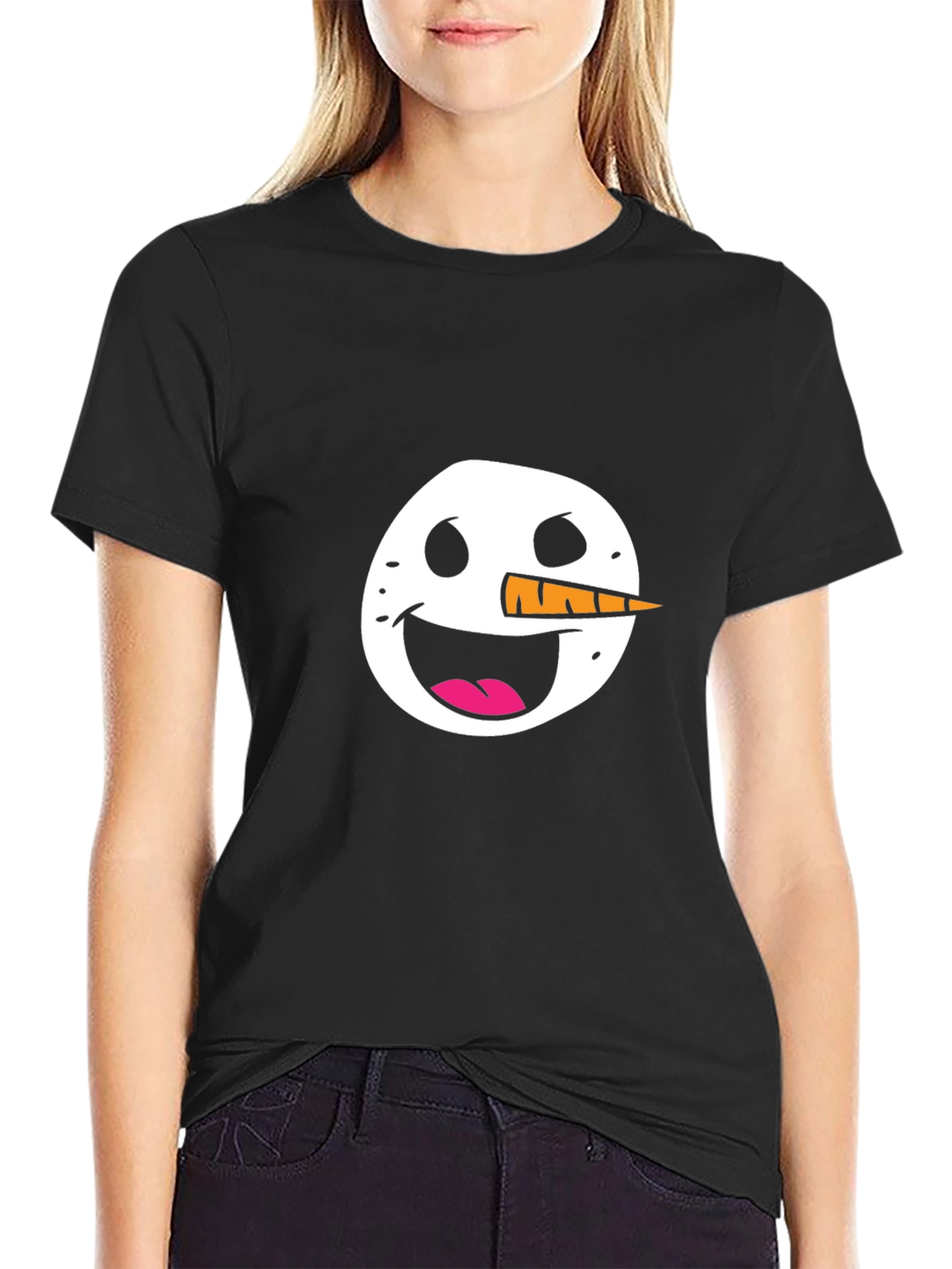 Black Snowman Face Graphic Tee - Black Cotton Casual Shirt view 2