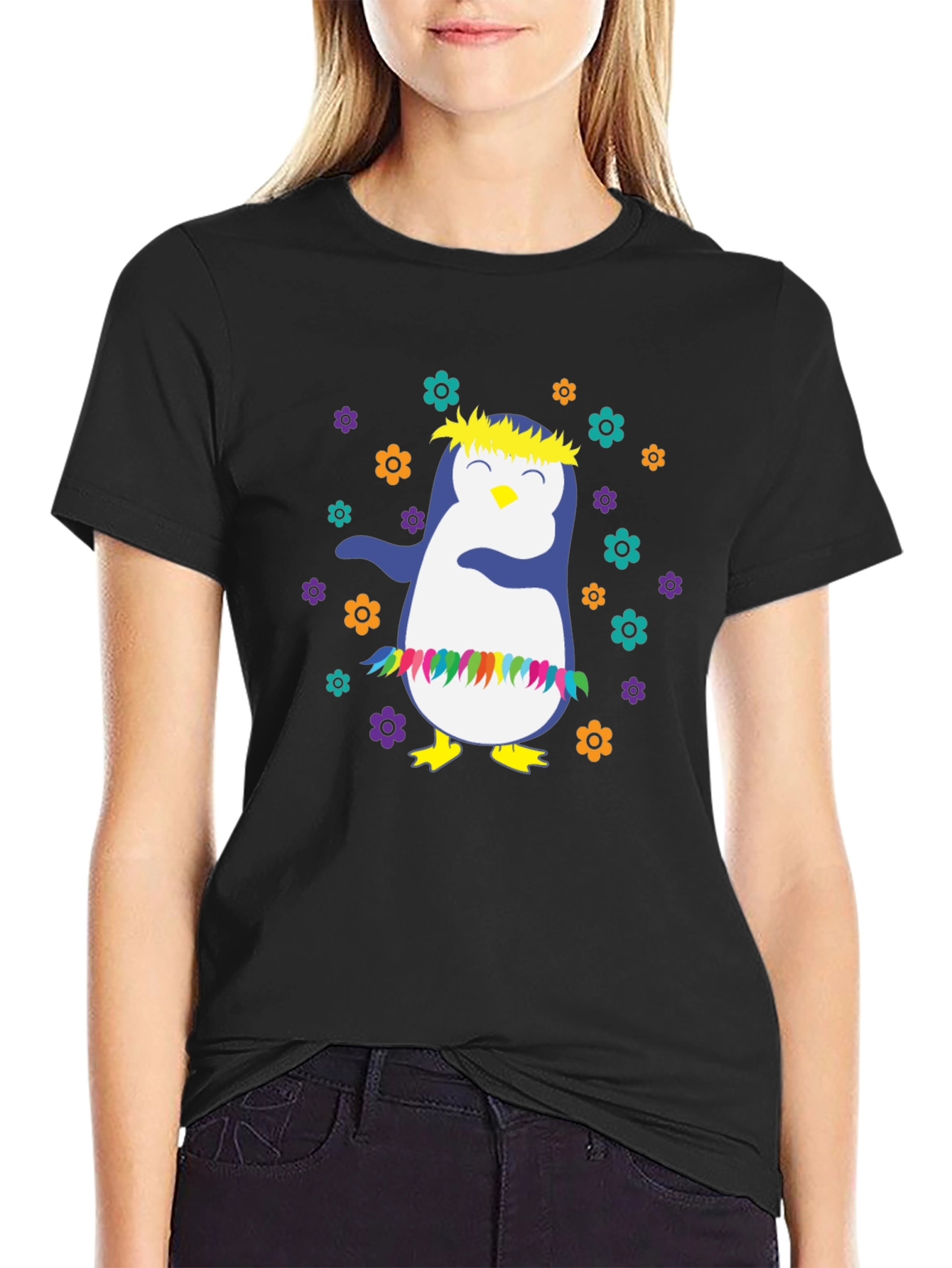 Black Dabbing Penguin T-Shirt - Hawaiian Luau Style view 2