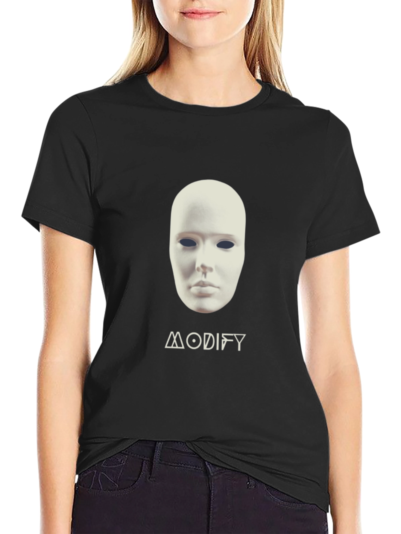 Black Mysterious Mask Graphic T-Shirt - Black Crew Neck Tee view 2