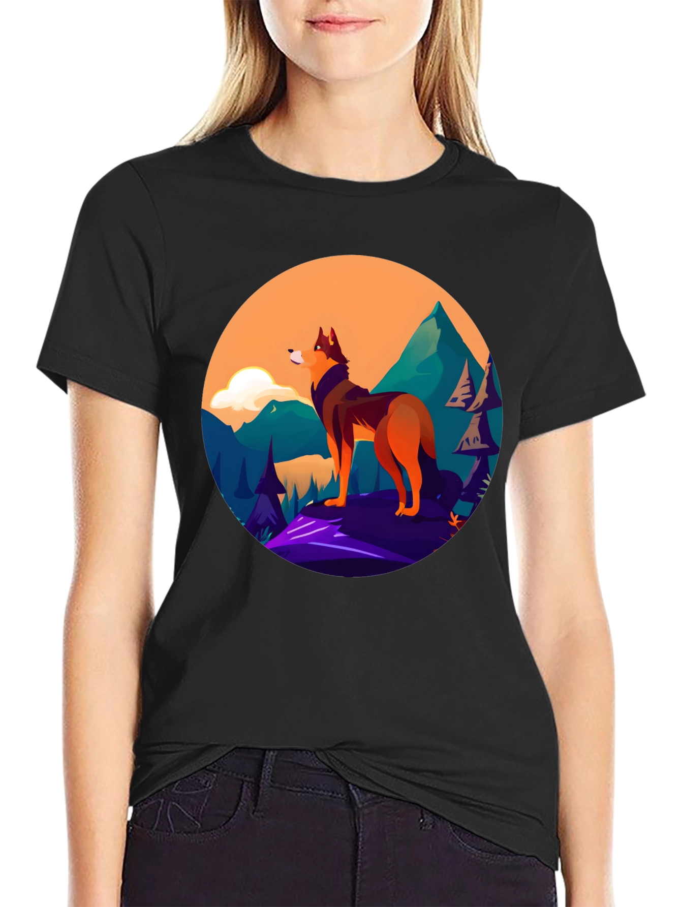 Black Wolf Graphic Black T-Shirt view 2