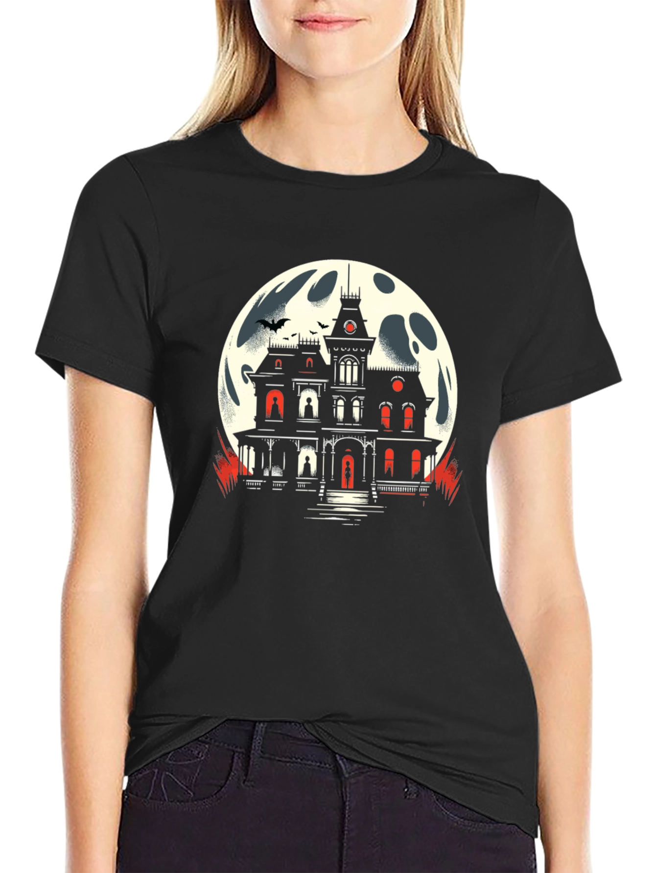 Black Haunted House Moon Graphic Tee view 2