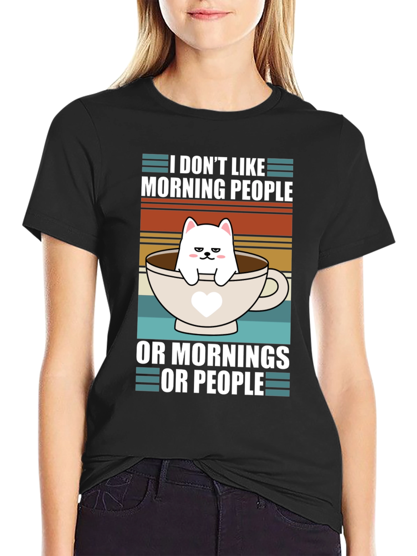 Black Funny I Don't Like Morning People Cat T-Shirt view 2