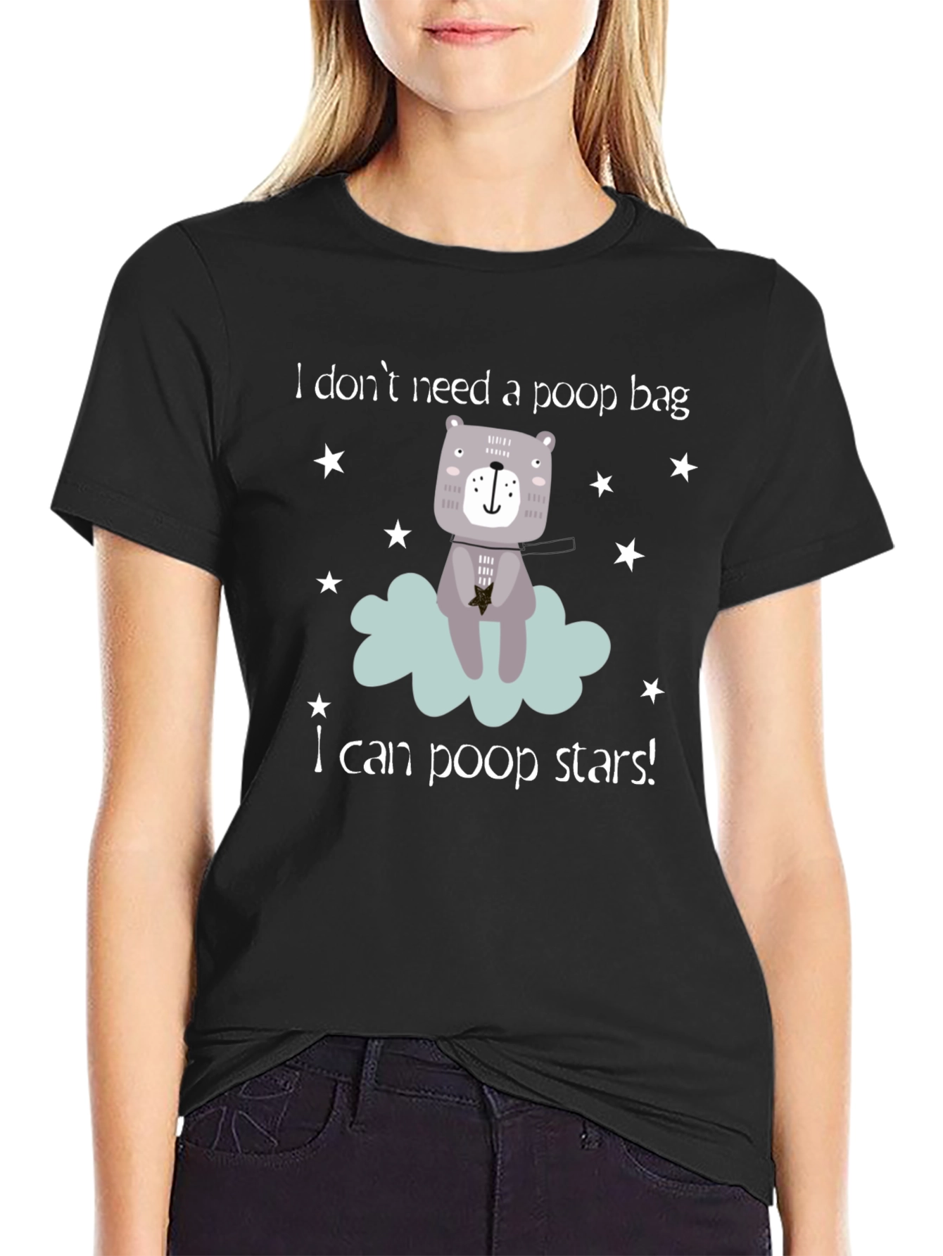Black Funny "I Can Poop Stars!" Bear Graphic T-Shirt view 2