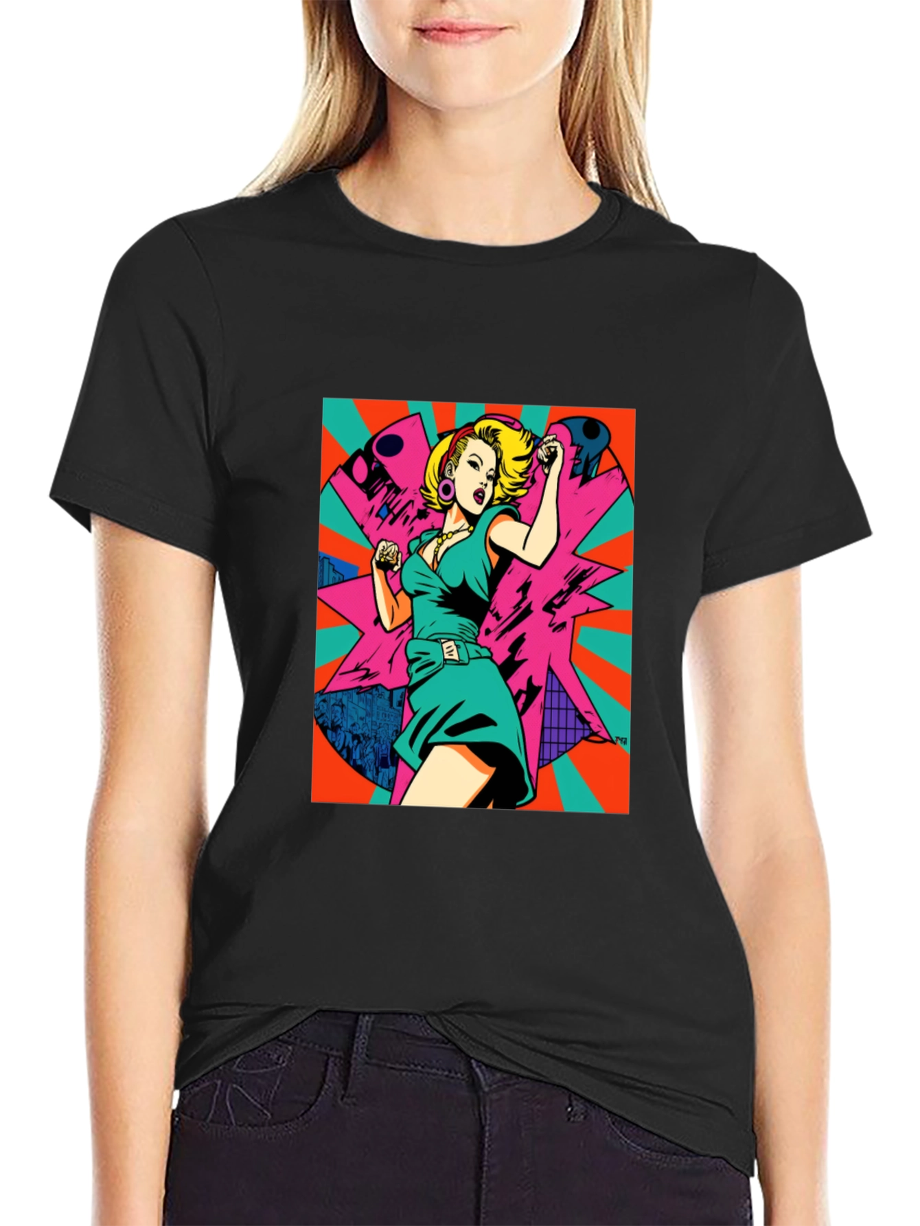 Black Retro Pop Art Woman Graphic Tee - Black view 2