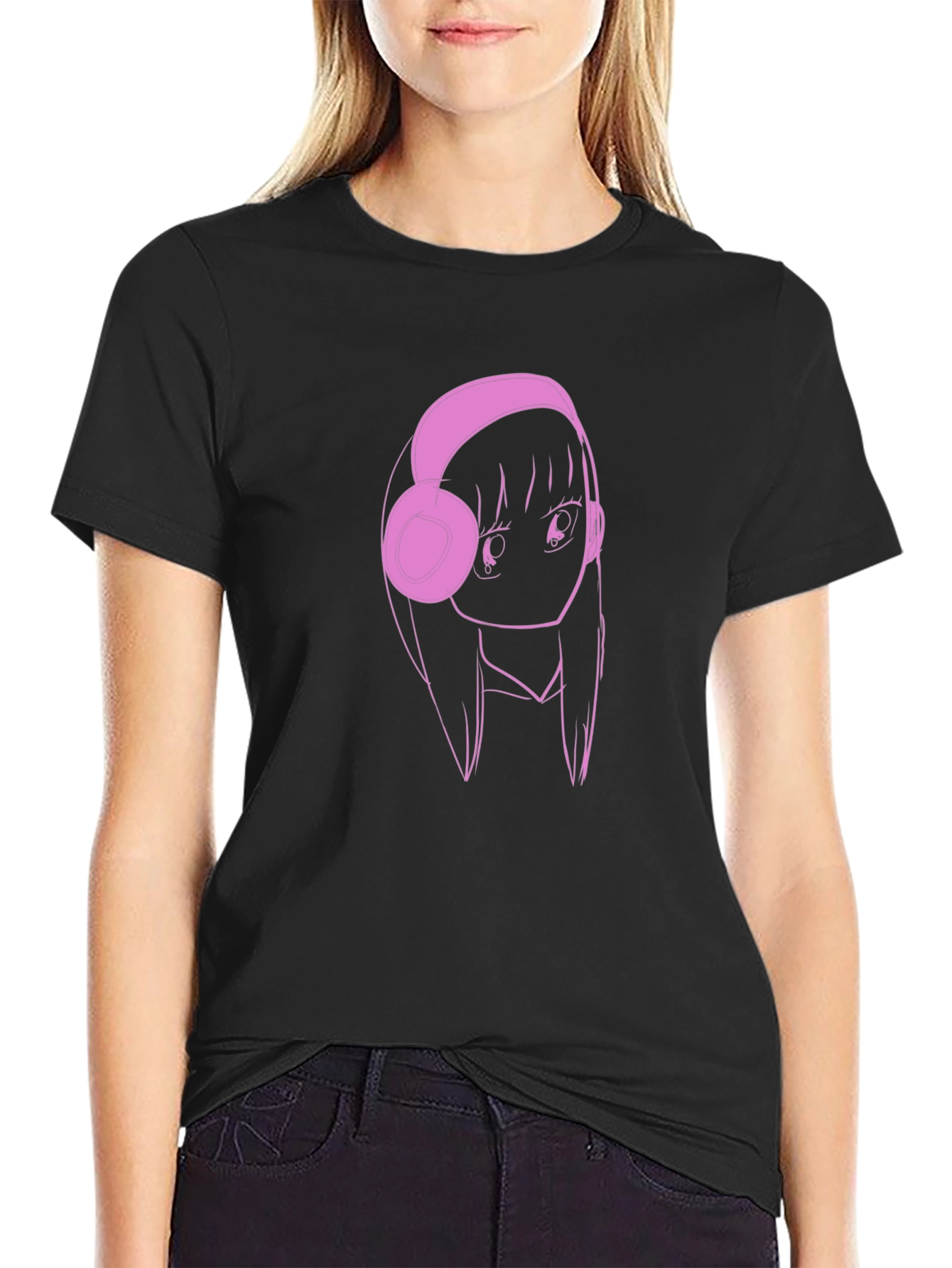 Black Anime Girl Pink Headphones Black T-Shirt view 2