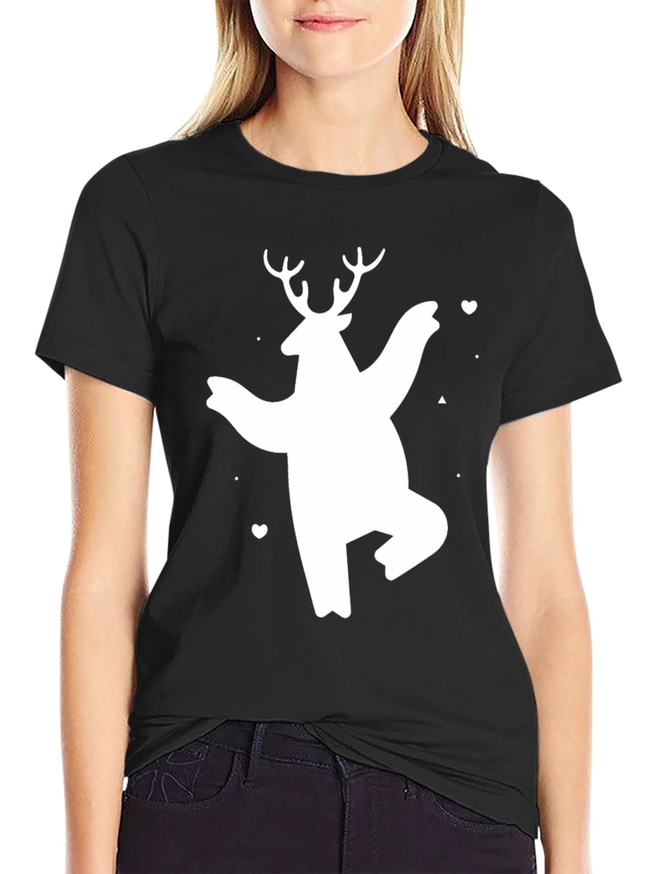 Black Bear Deer Graphic Tee - Black Cotton Casual T-Shirt view 2