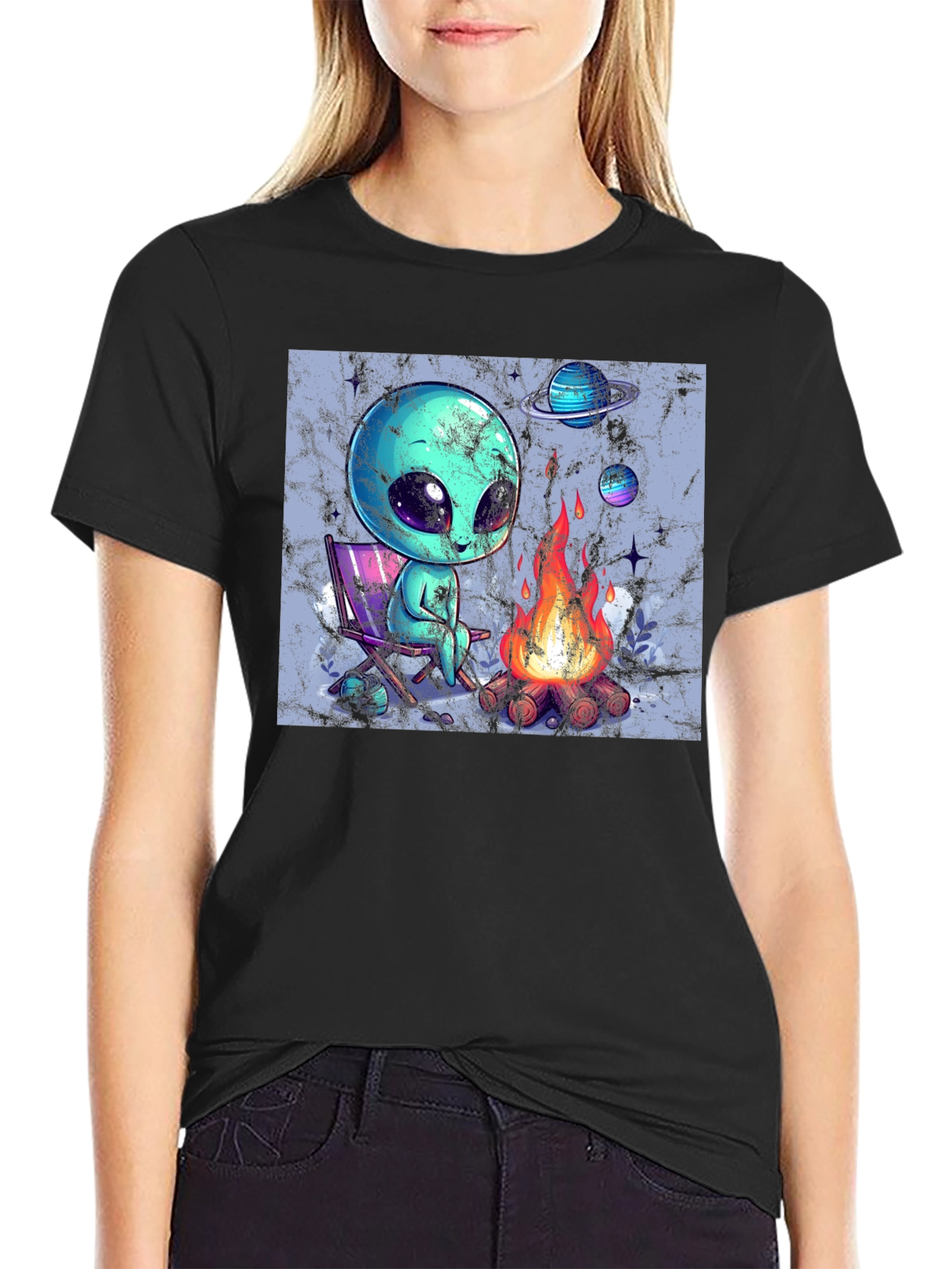 Black Alien Camping T-Shirt - Out of This World Comfort! view 2