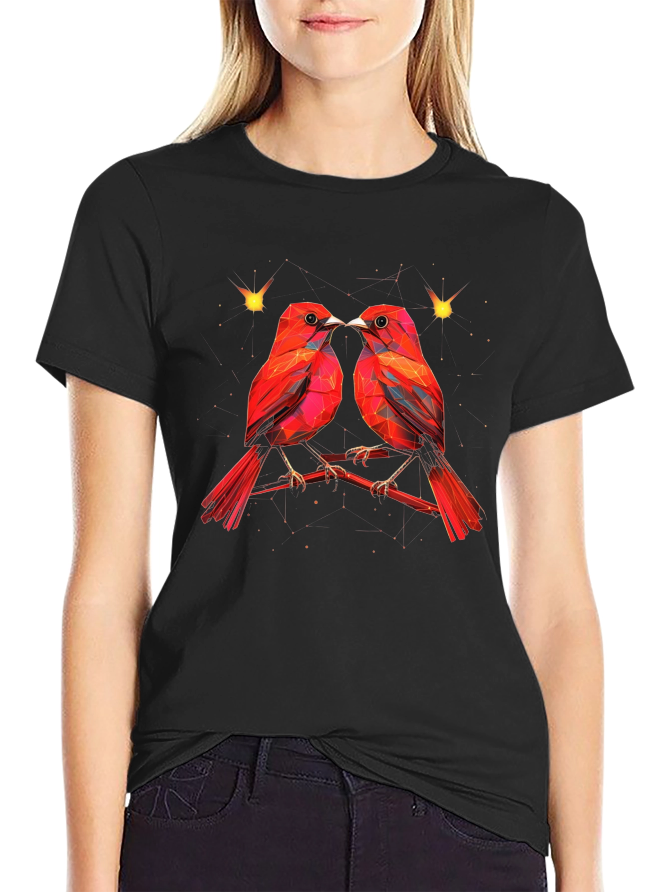 Black Geometric Bird Print Black T-Shirt view 2